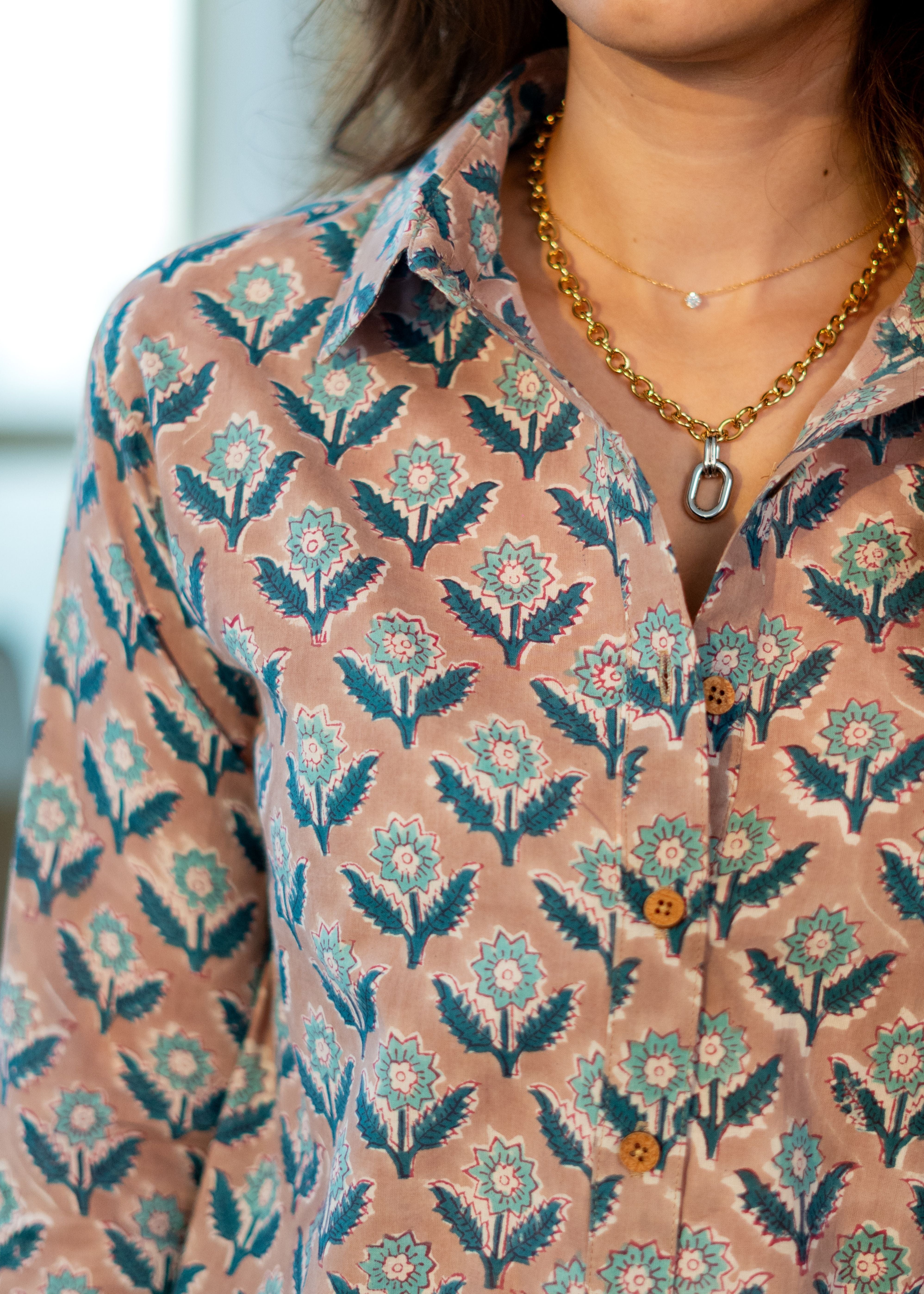Blue Brown Floral Block Print Cotton Shirt