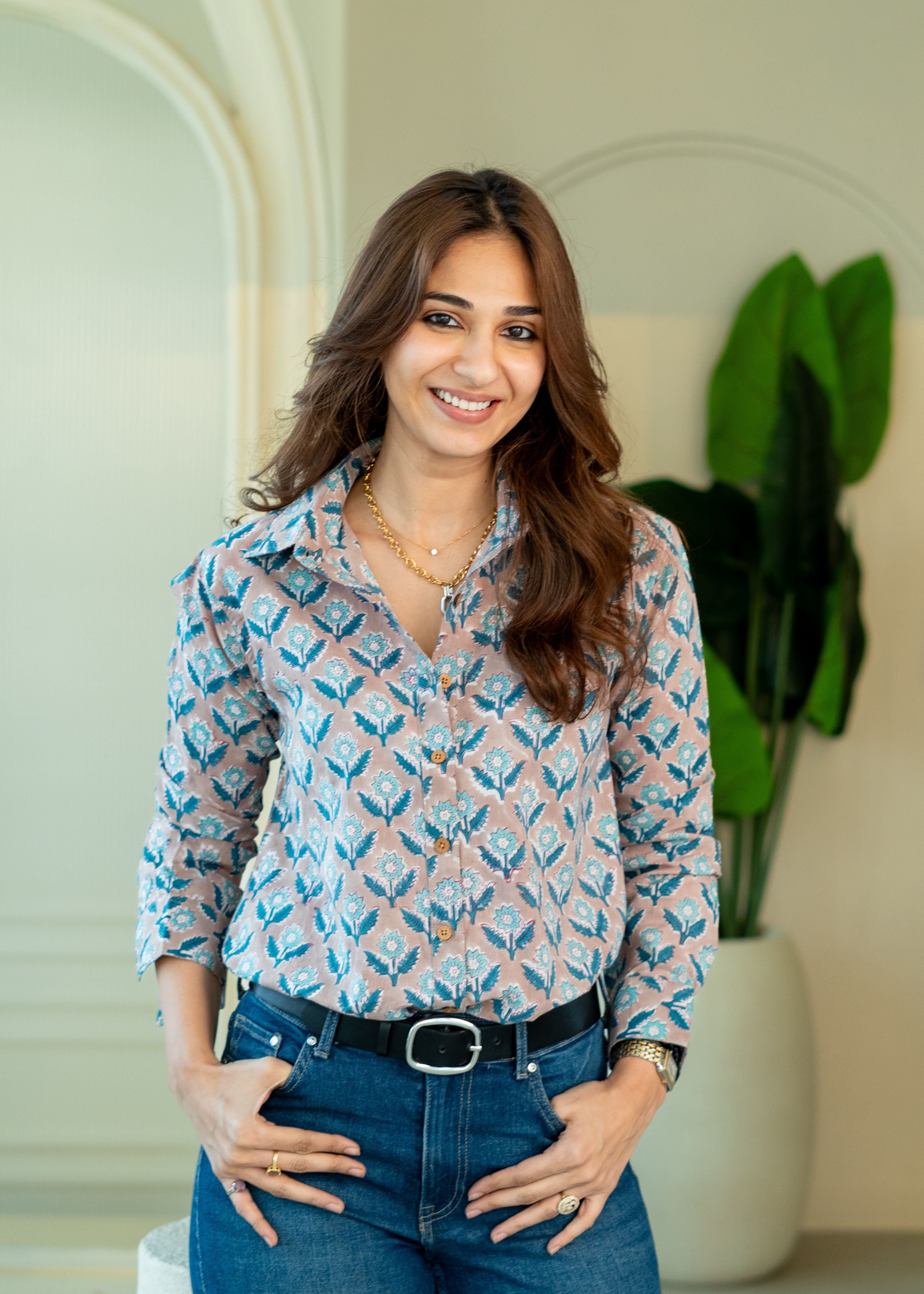 Blue Brown Floral Block Print Cotton Shirt
