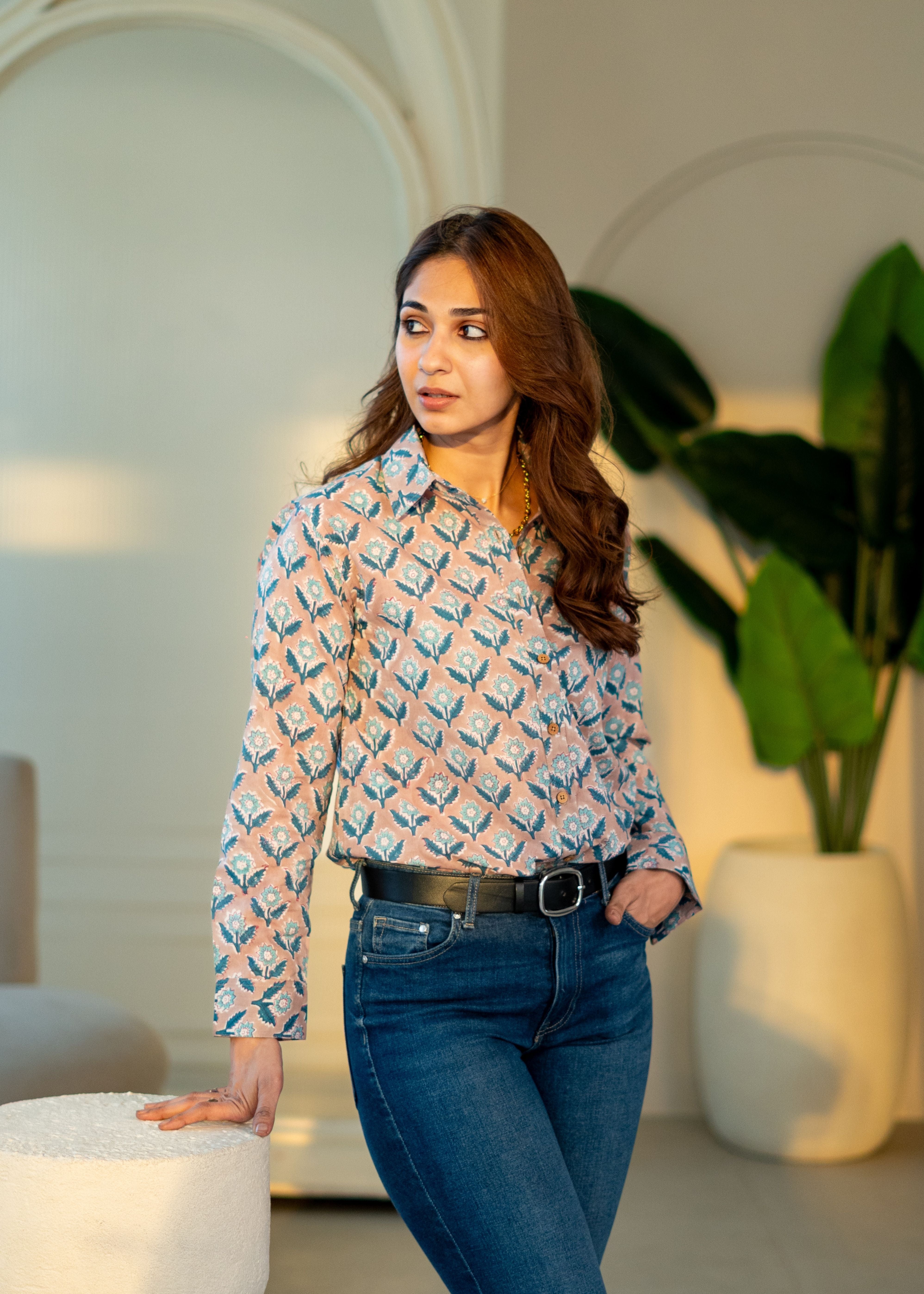Blue Brown Floral Block Print Cotton Shirt