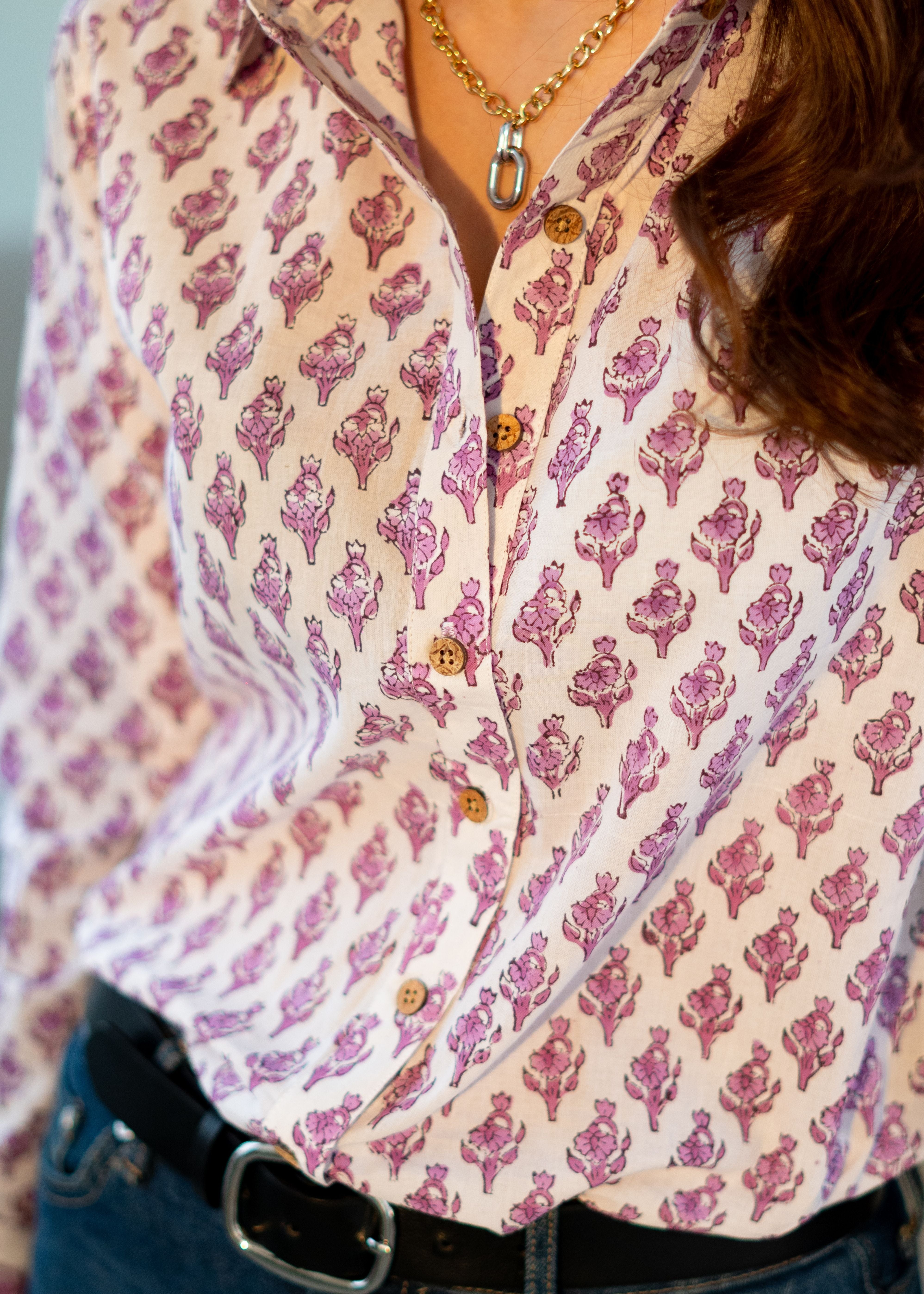 Purple Floral Block Print Cotton Shirt