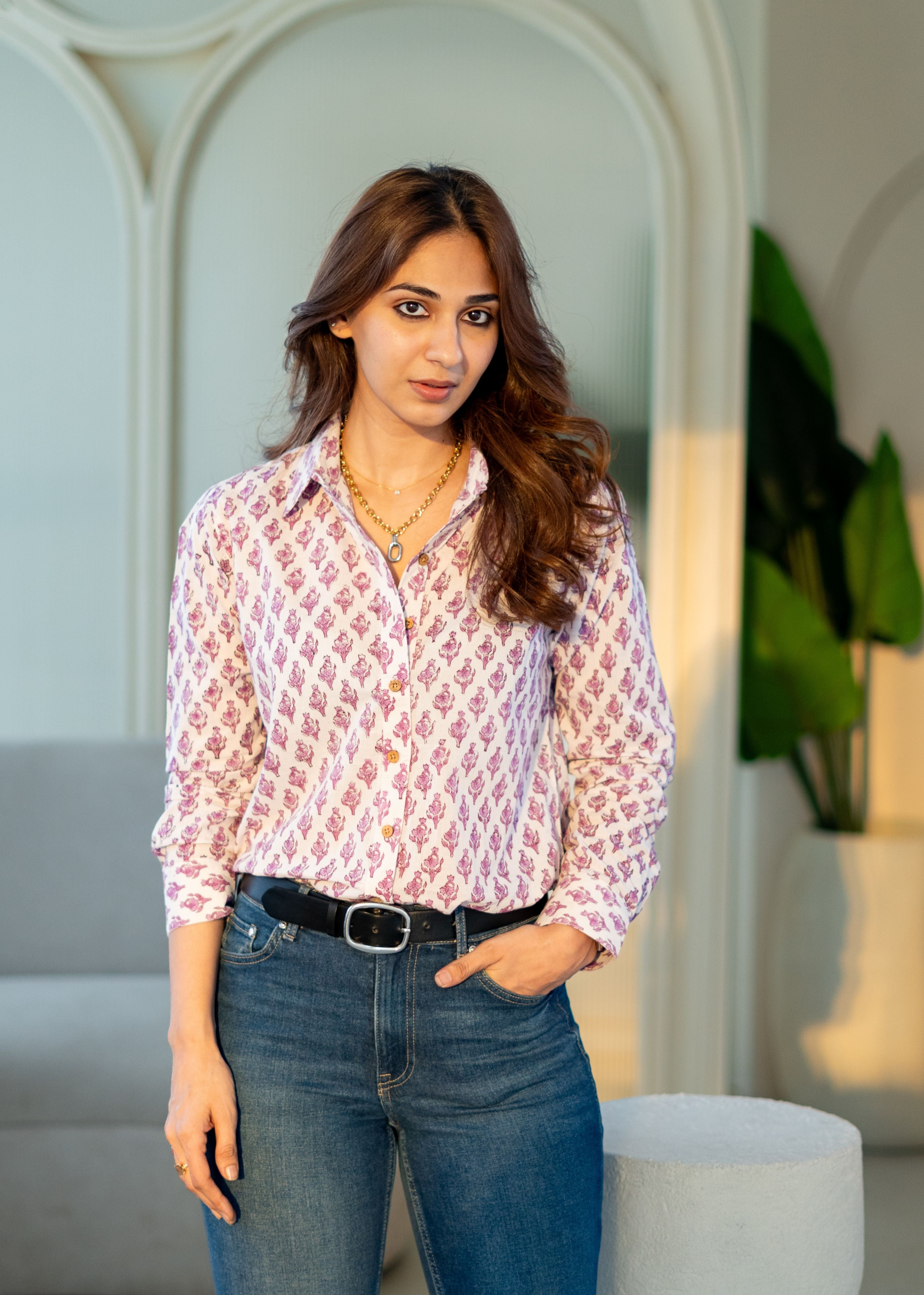 Purple Floral Block Print Cotton Shirt