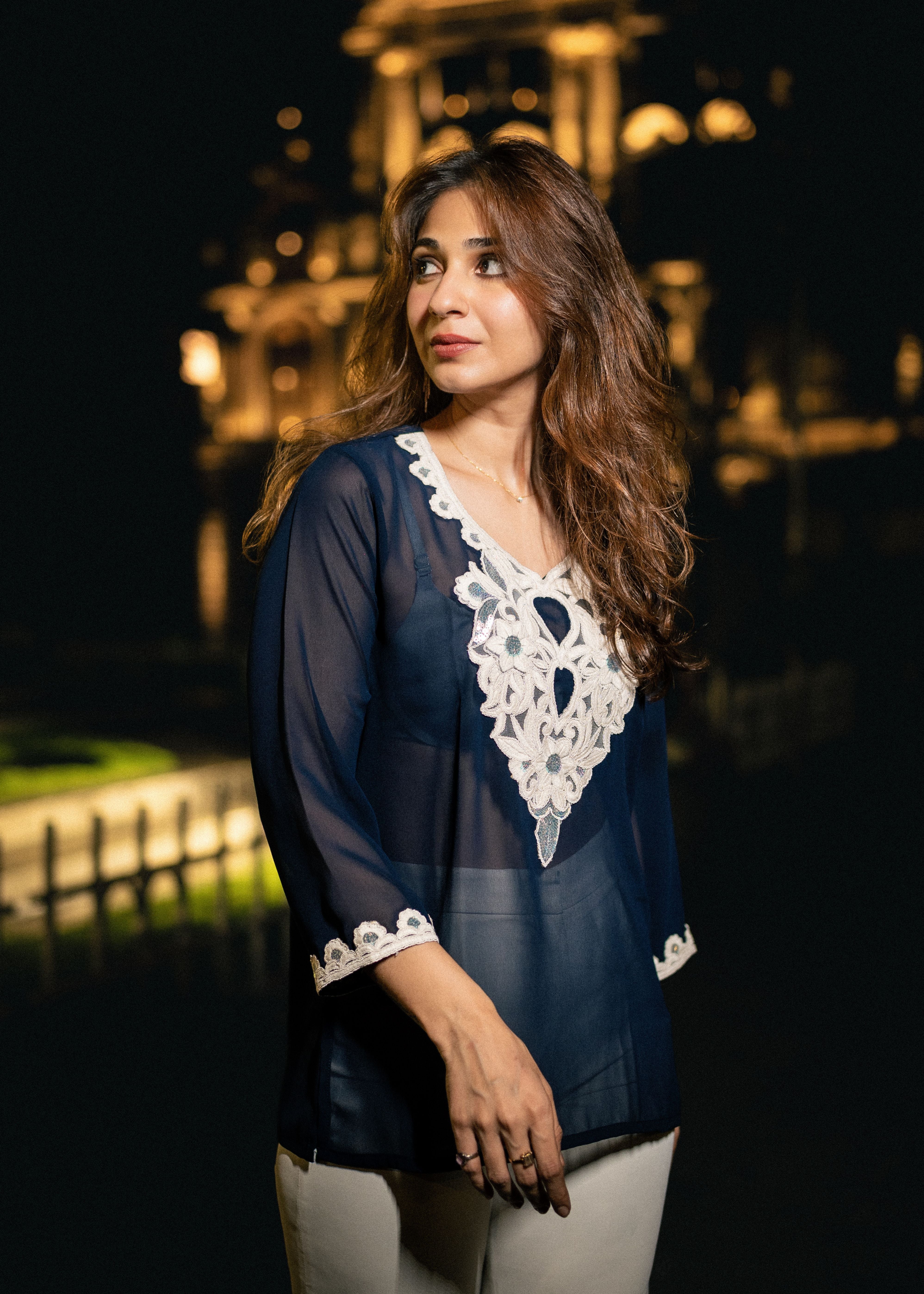 Navy Blue White Aaina Embrodery Kurti