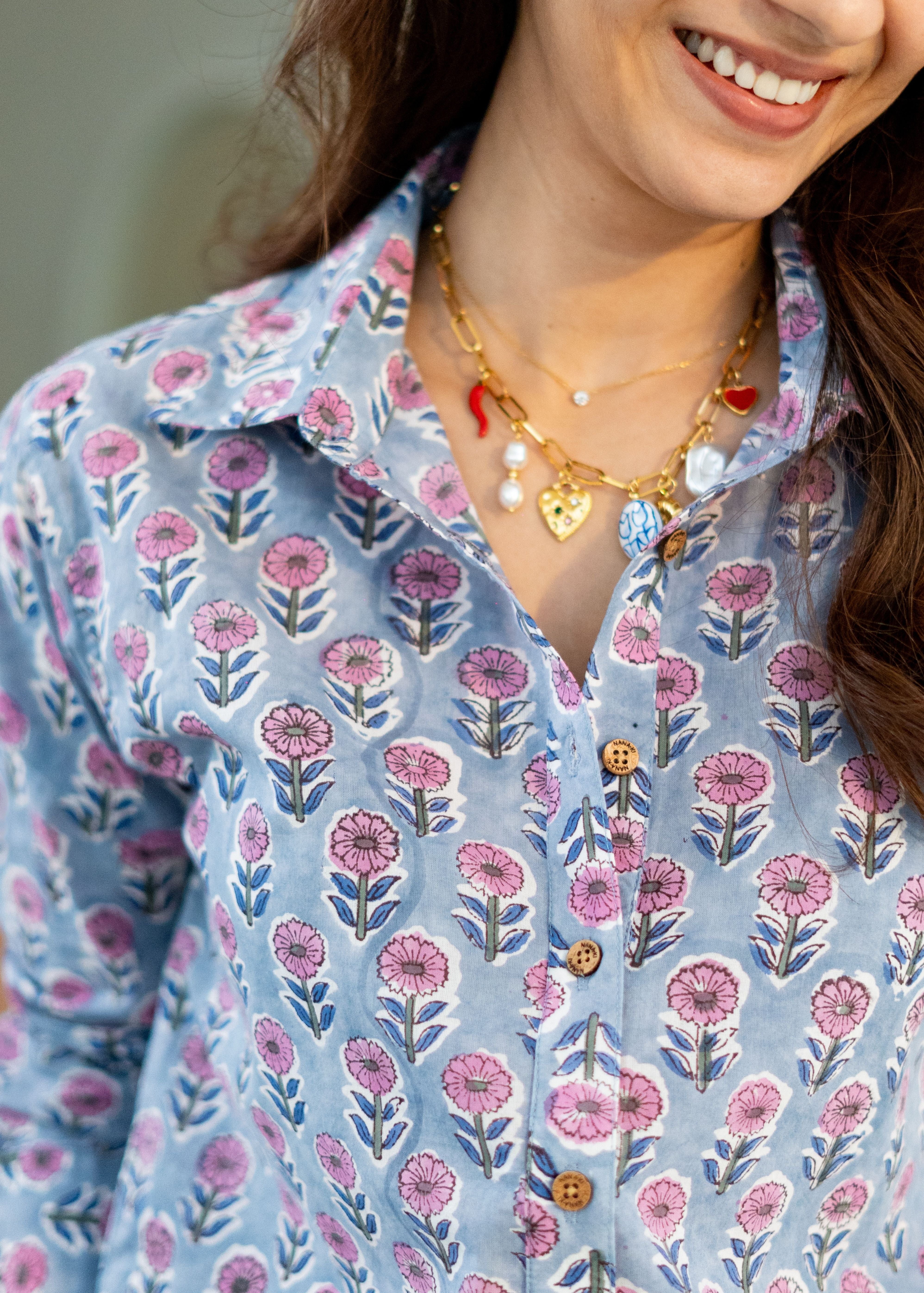 Purple Grey Floral Block Print Cotton Shirt