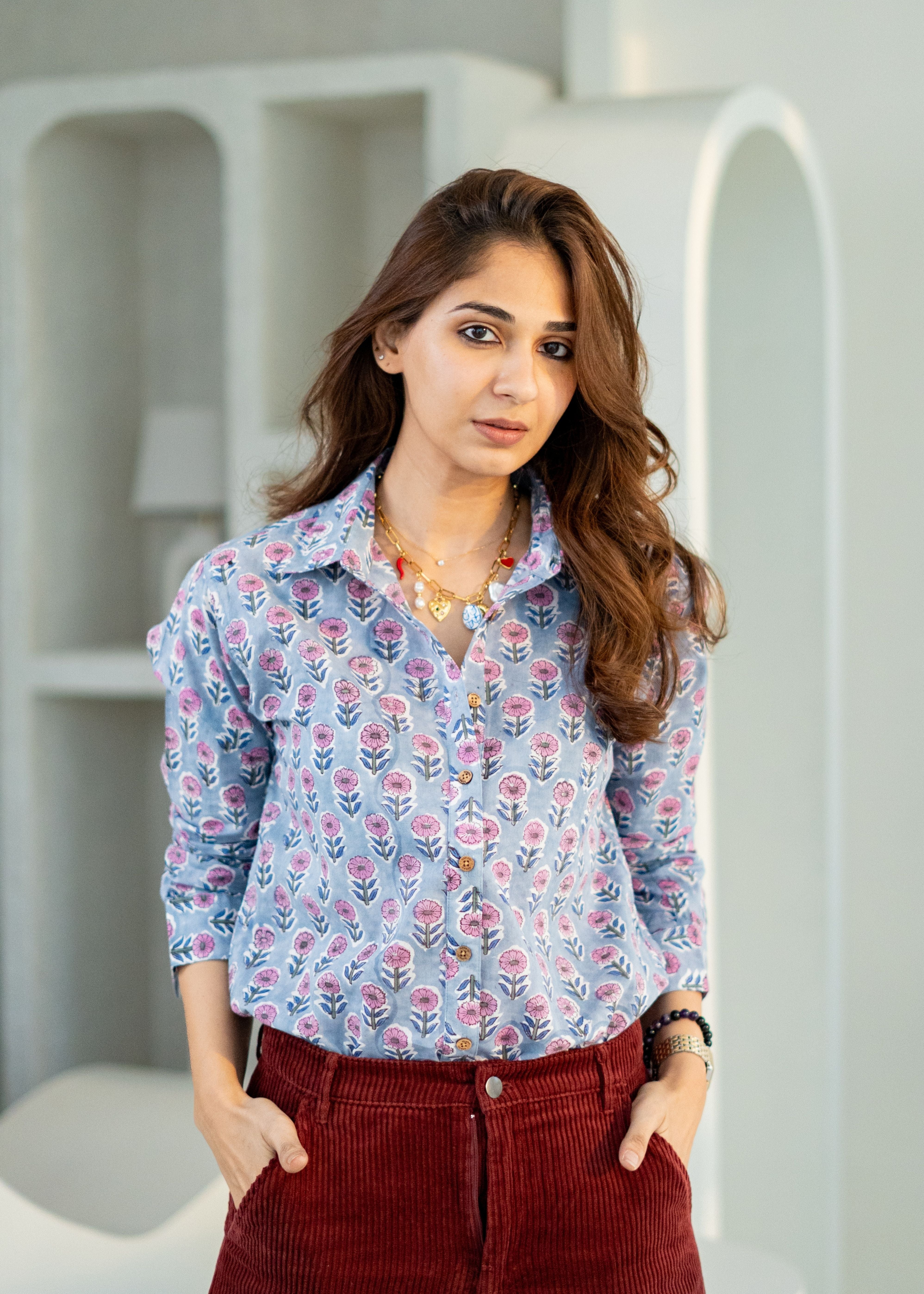 Purple Grey Floral Block Print Cotton Shirt