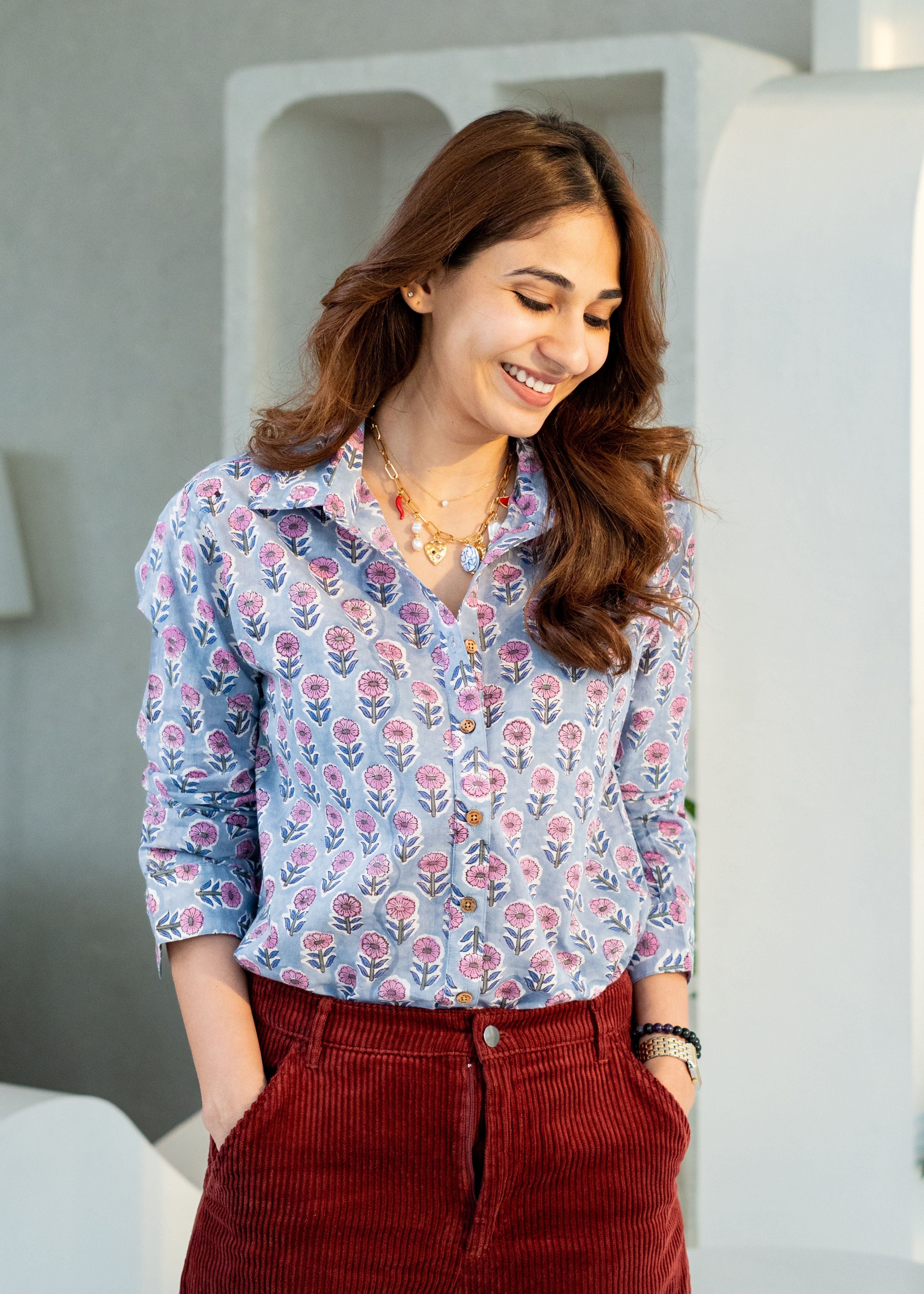 Purple Grey Floral Block Print Cotton Shirt