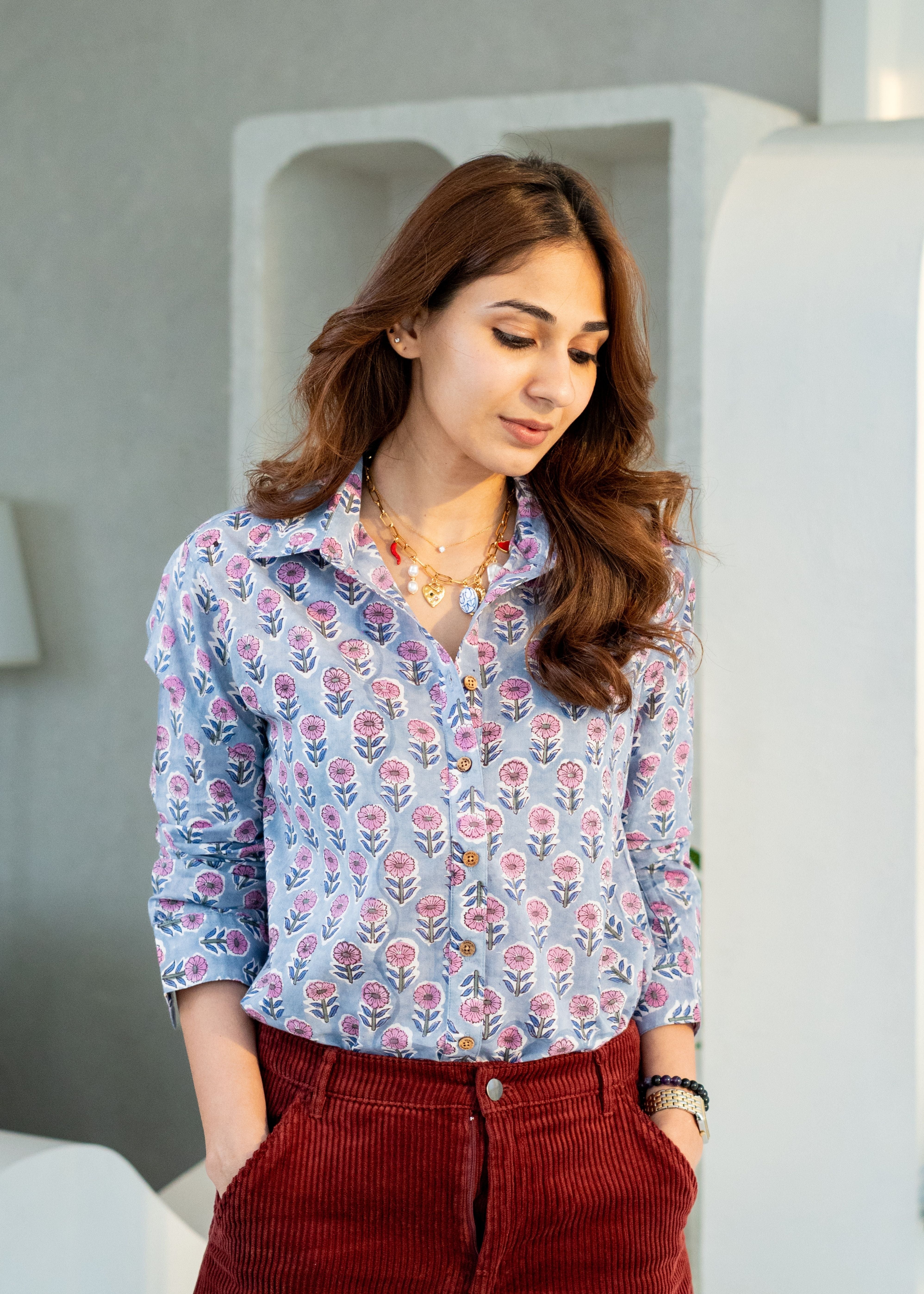 Purple Grey Floral Block Print Cotton Shirt