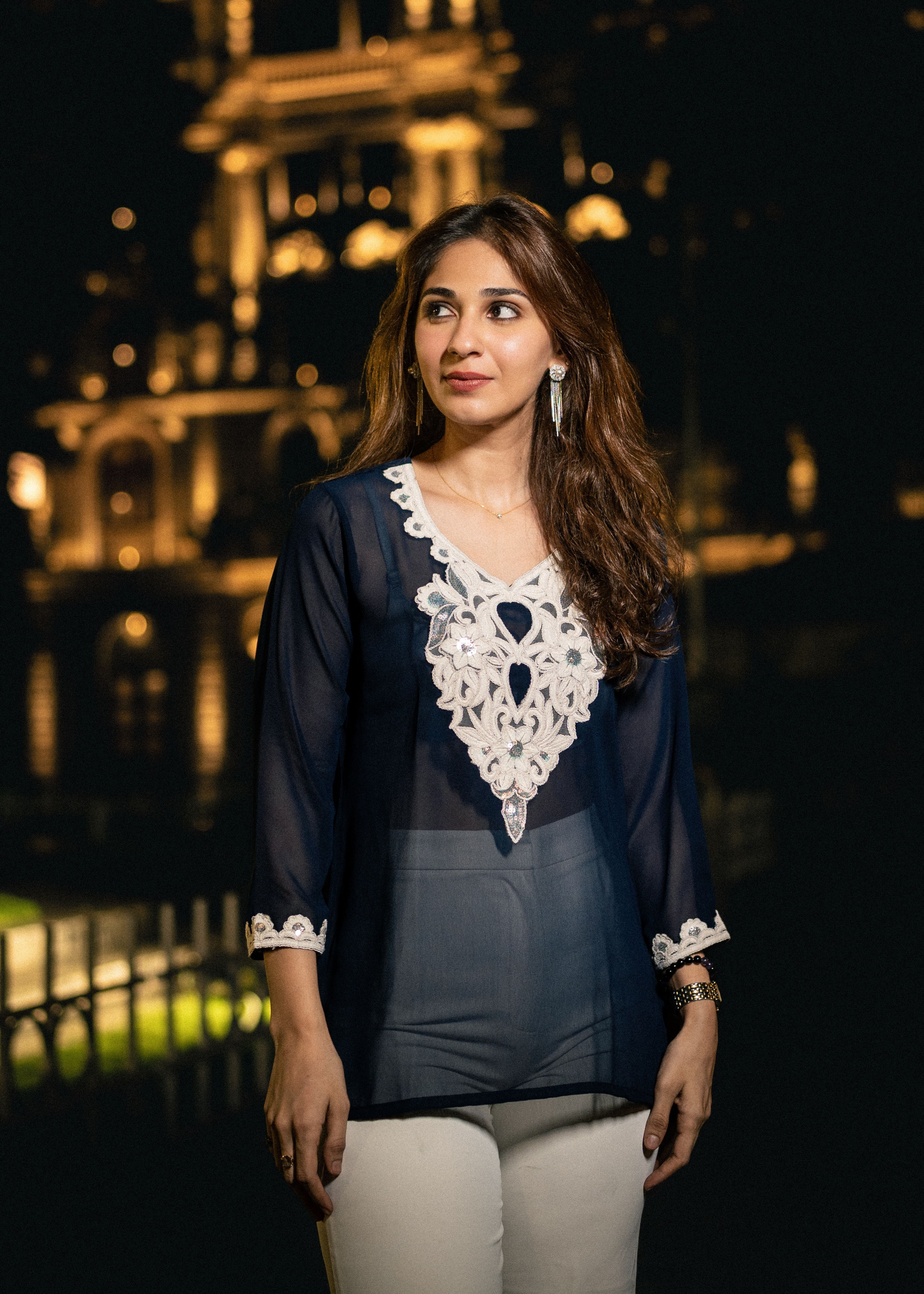 Navy Blue White Aaina Embrodery Kurti