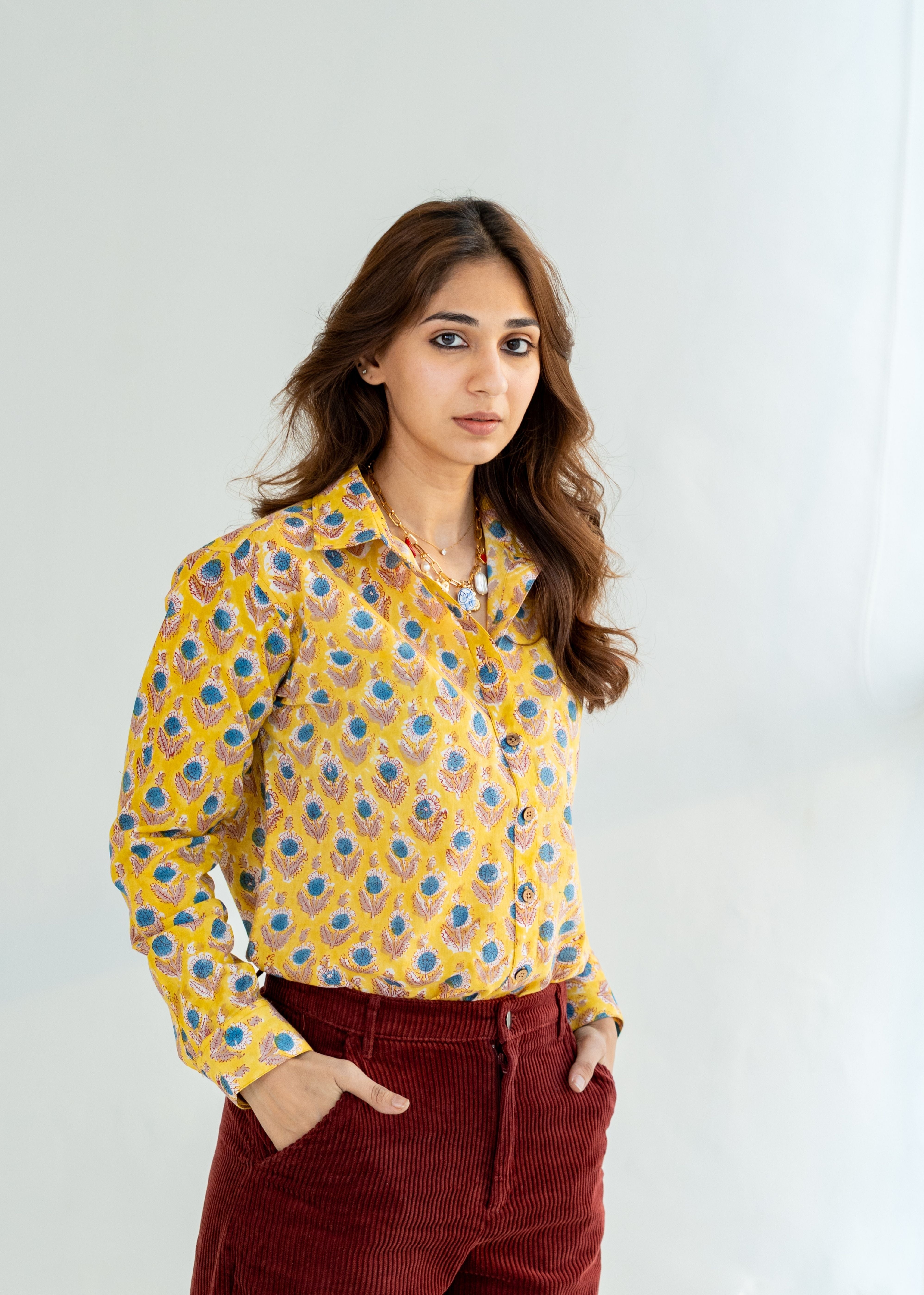 Yellow Sunshine Floral Handblock Cotton Shirt