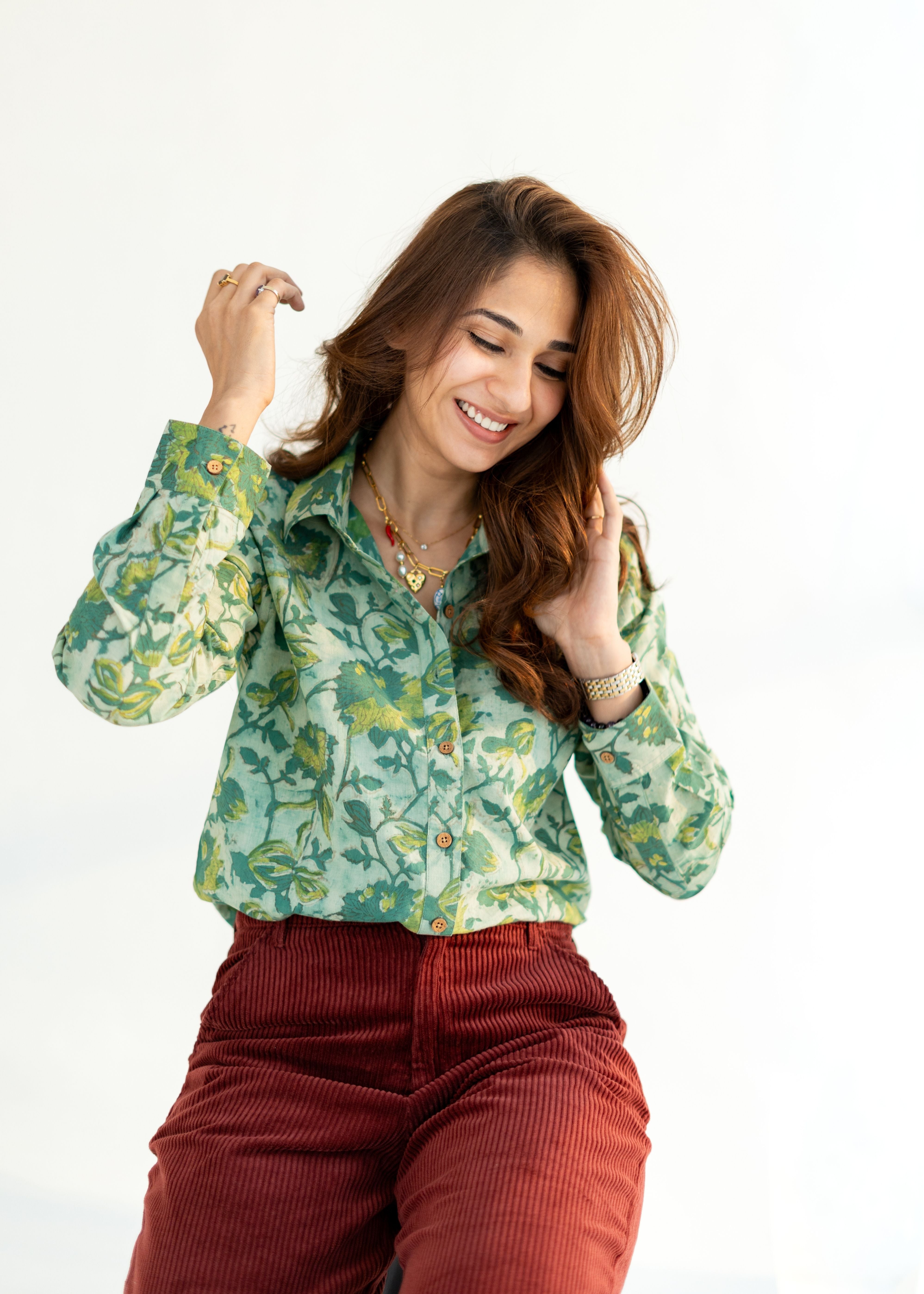 Green Floral Bagru Block Print Cotton Shirt