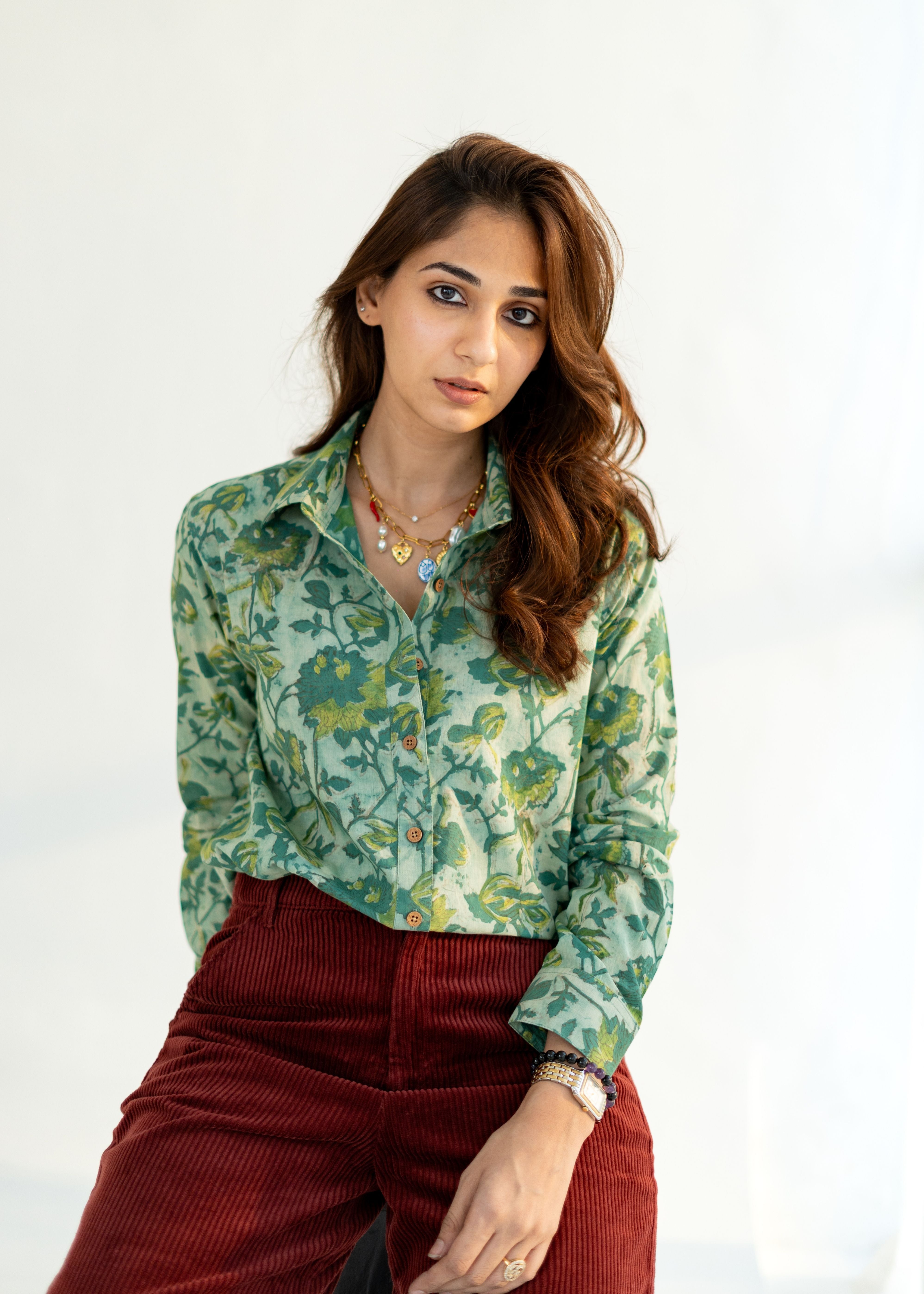 Green Floral Bagru Block Print Cotton Shirt