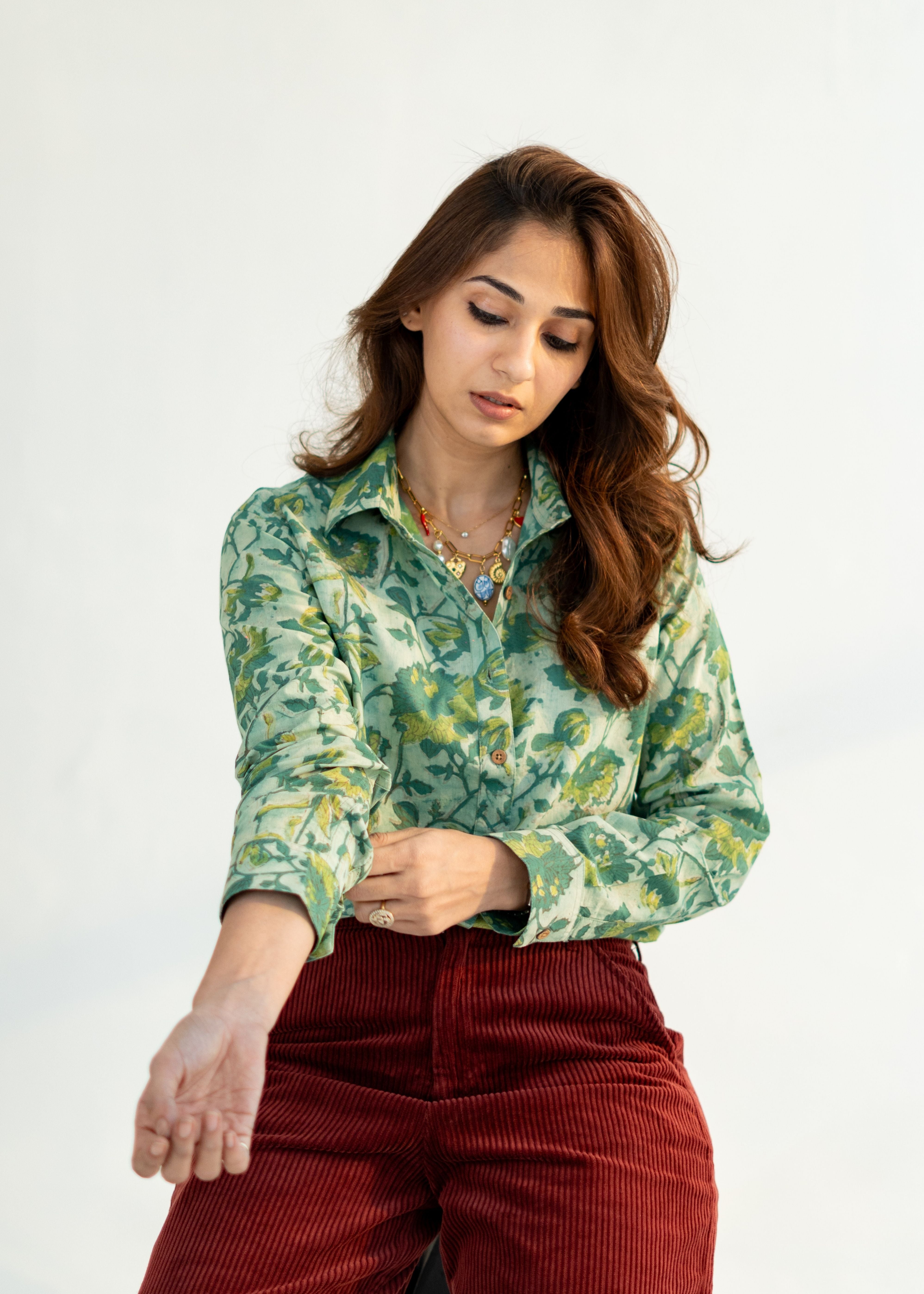 Green Floral Bagru Block Print Cotton Shirt