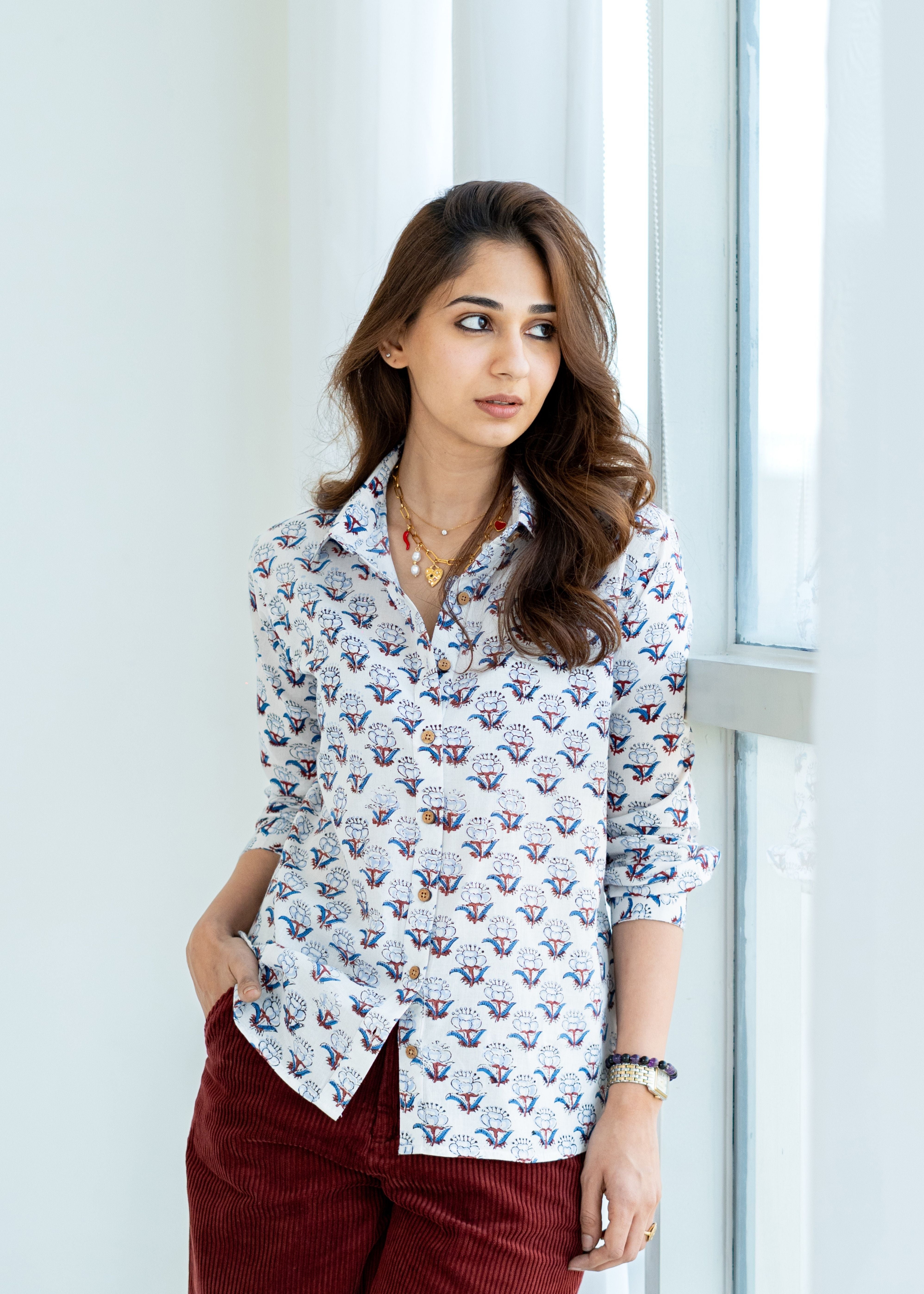 Blue White Floral Block Print Cotton Shirt