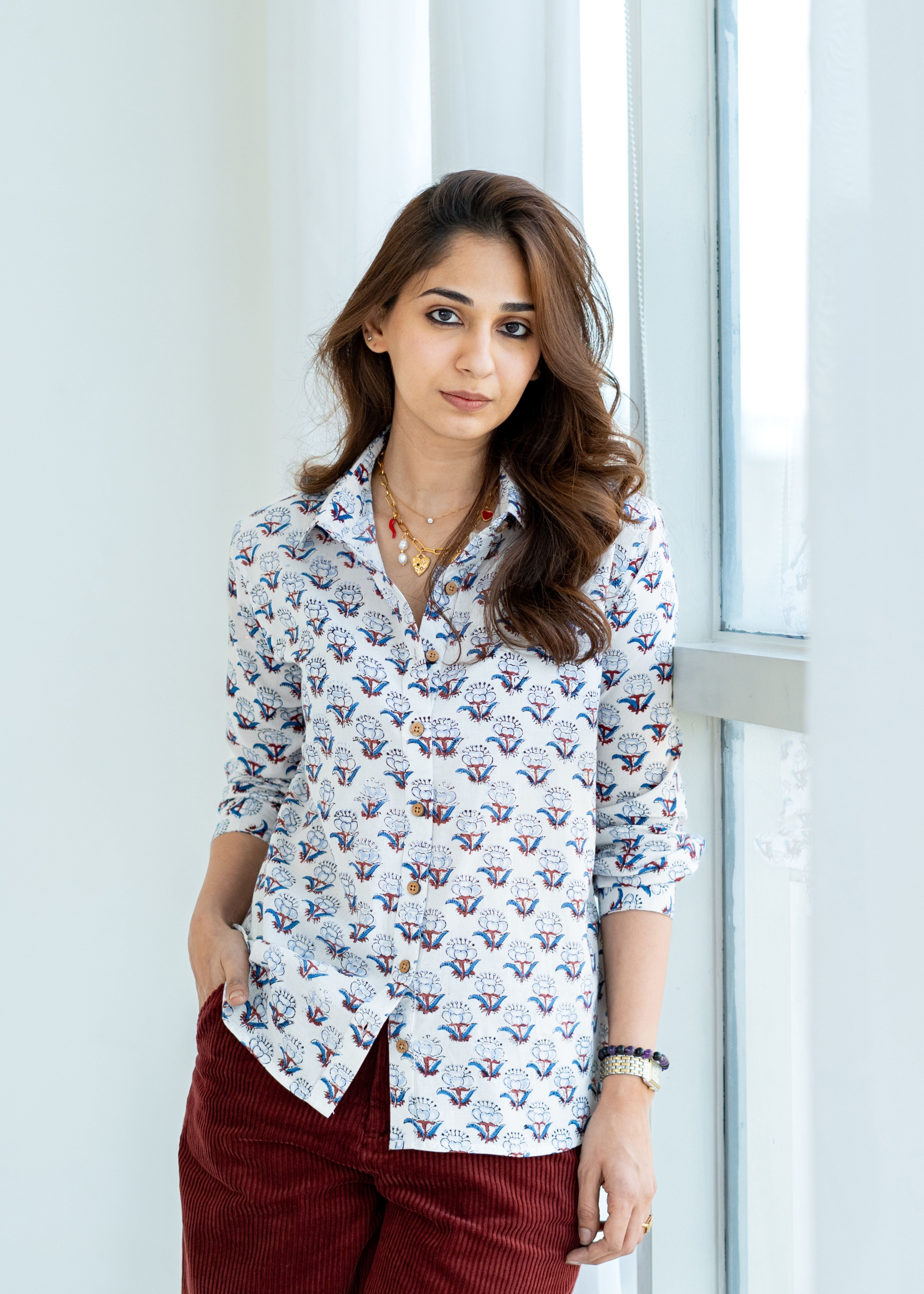Blue White Floral Block Print Cotton Shirt