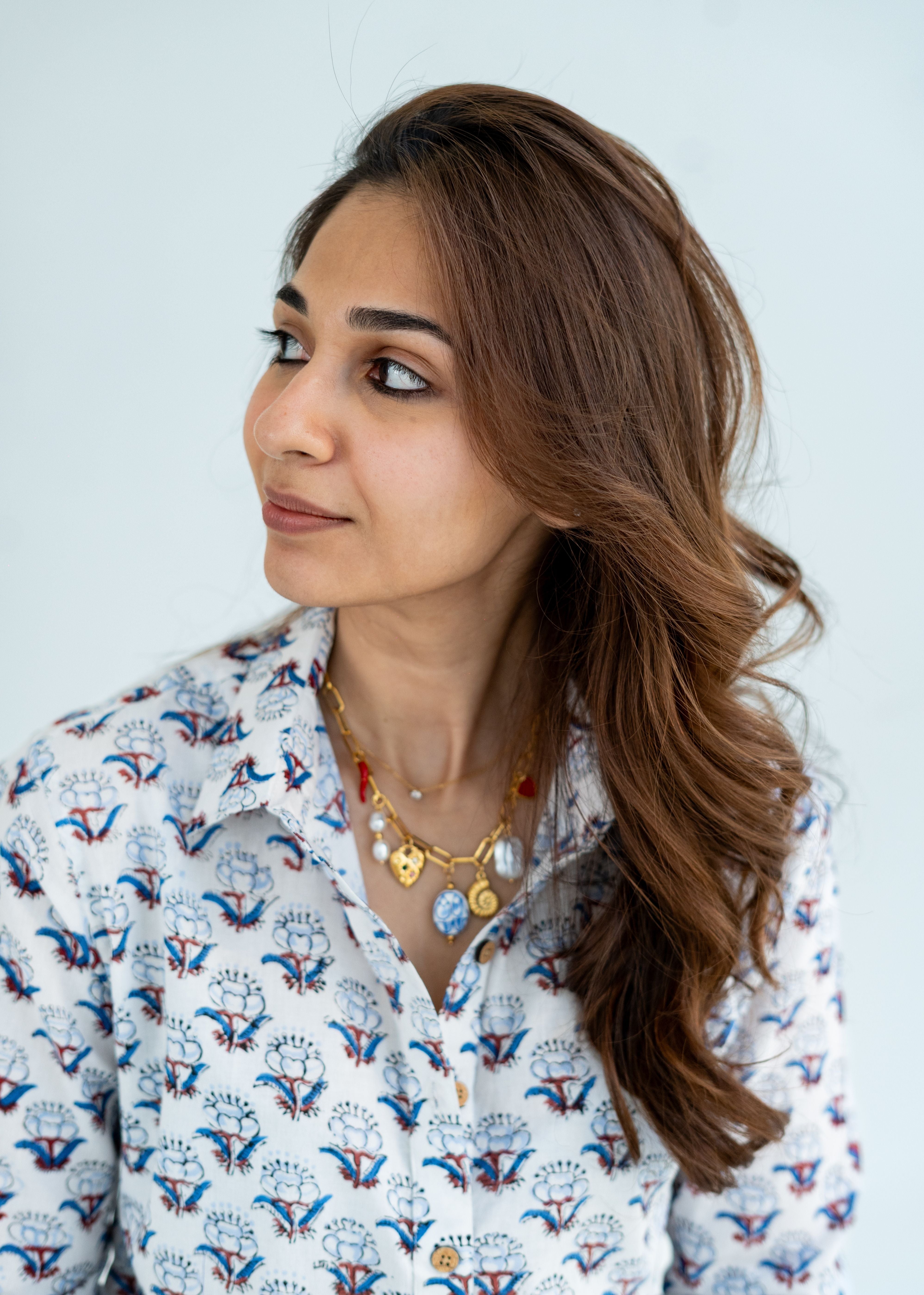 Blue White Floral Block Print Cotton Shirt