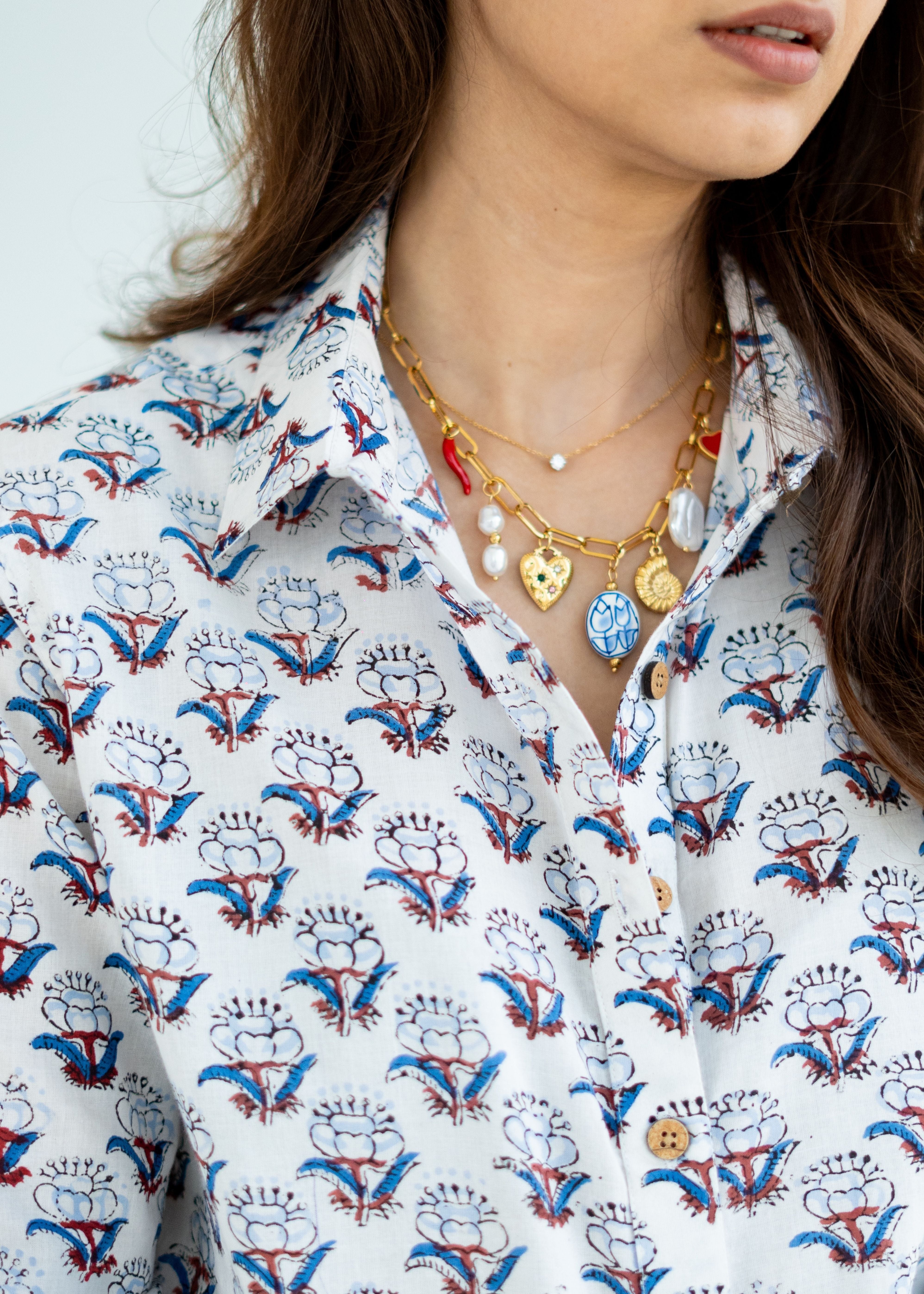 Blue White Floral Block Print Cotton Shirt