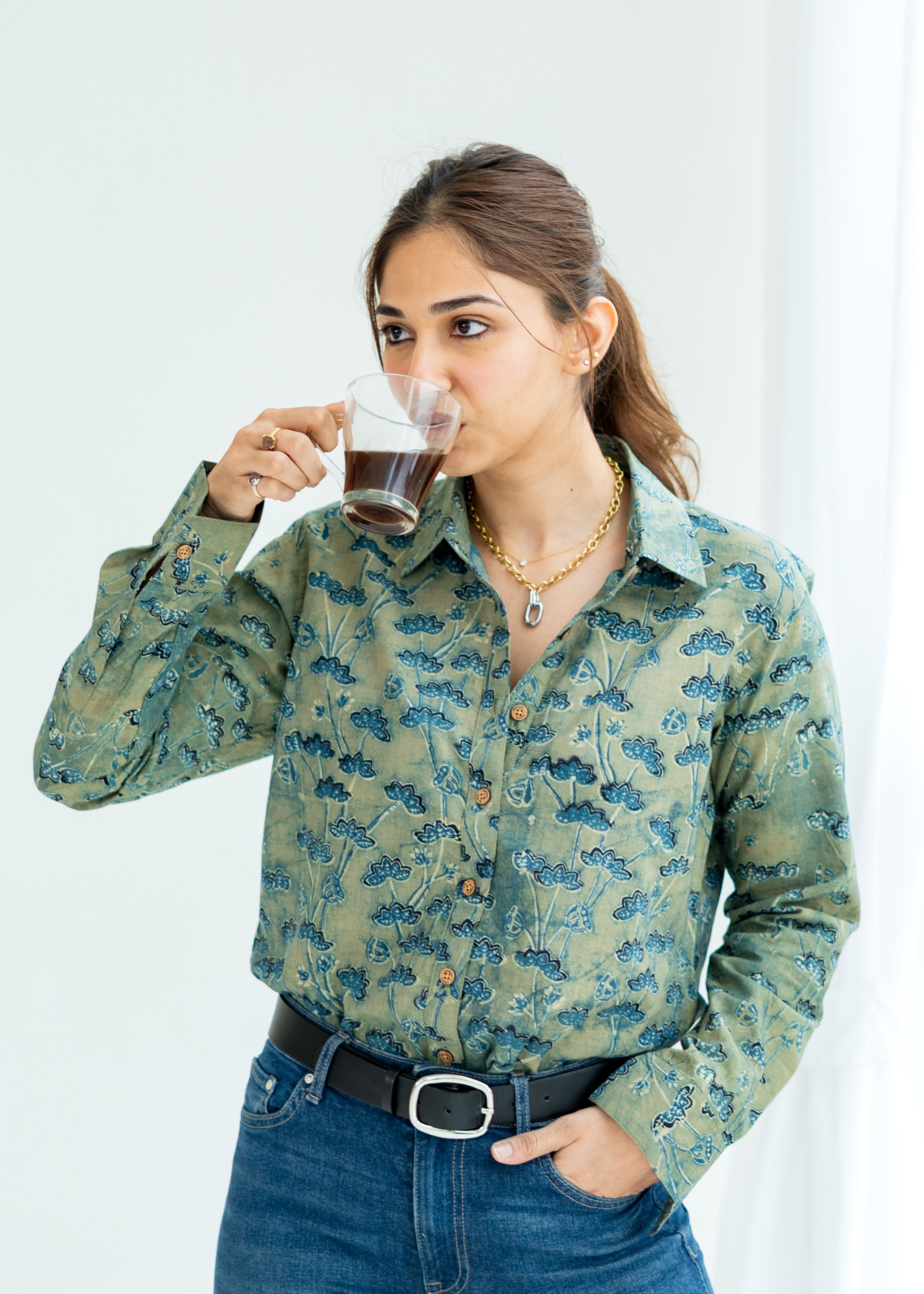 Ajrakh Green Floral Handblock Cotton Shirt