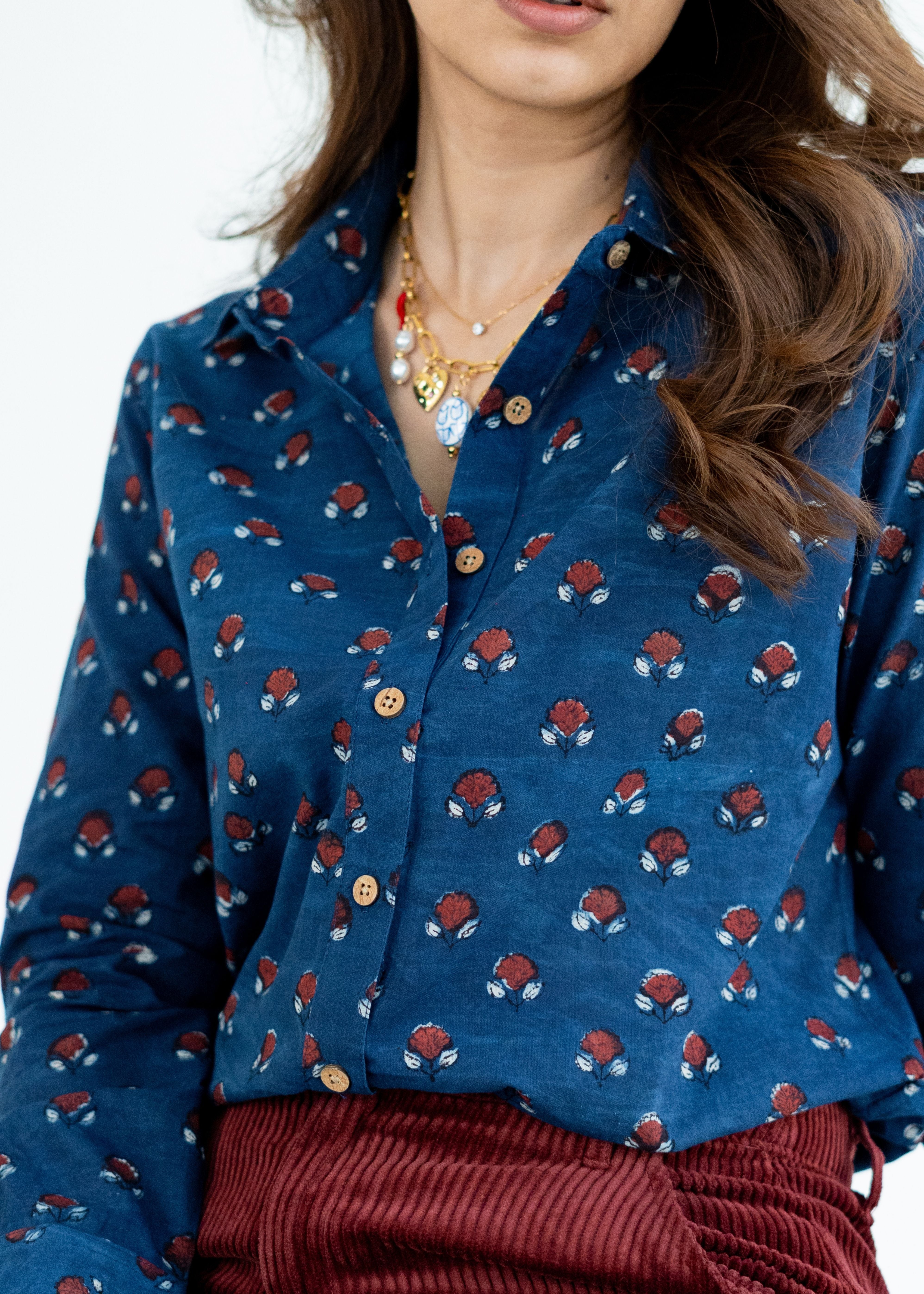 Indigo Red Floral Handblock Cotton Shirt