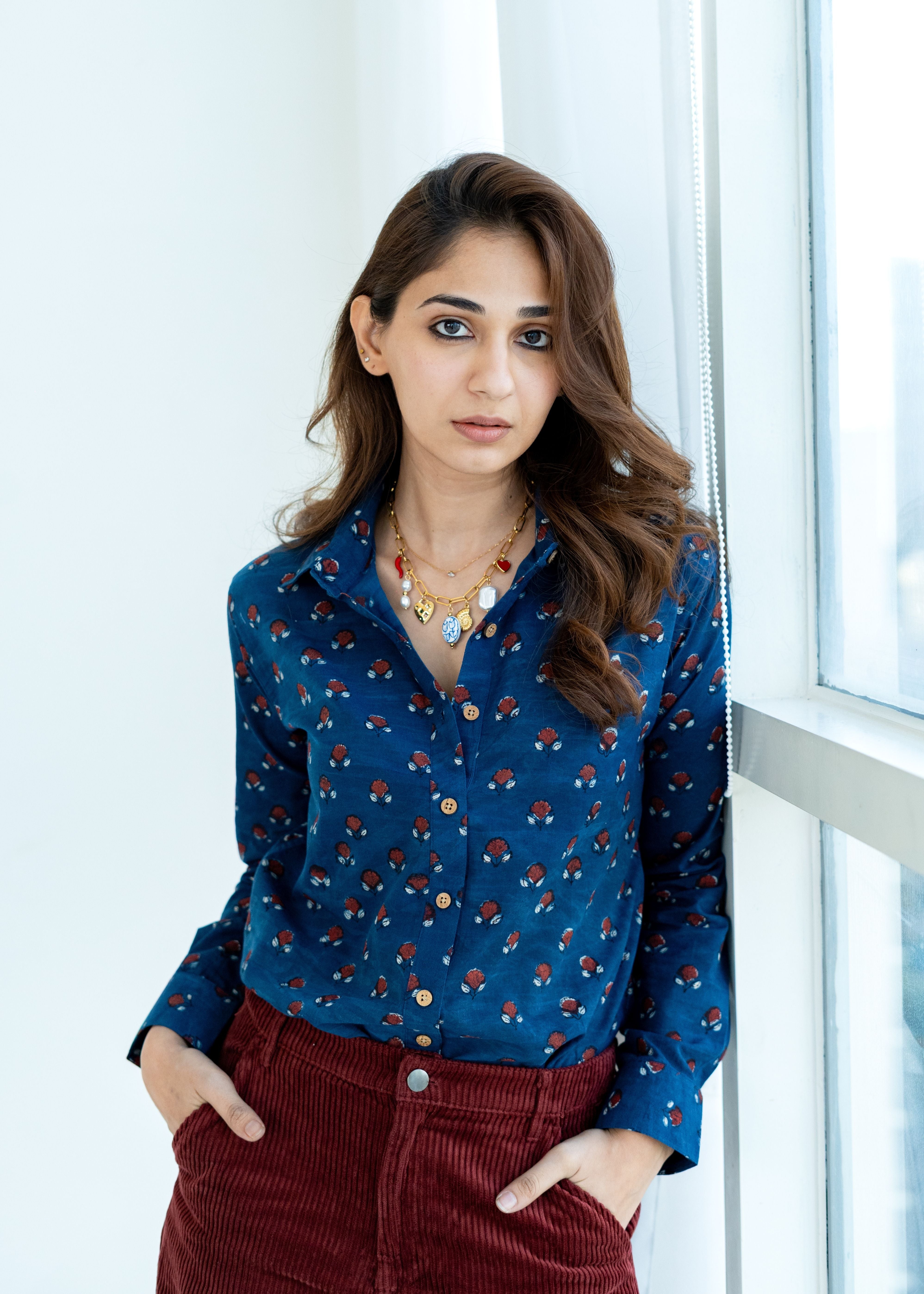 Indigo Red Floral Handblock Cotton Shirt