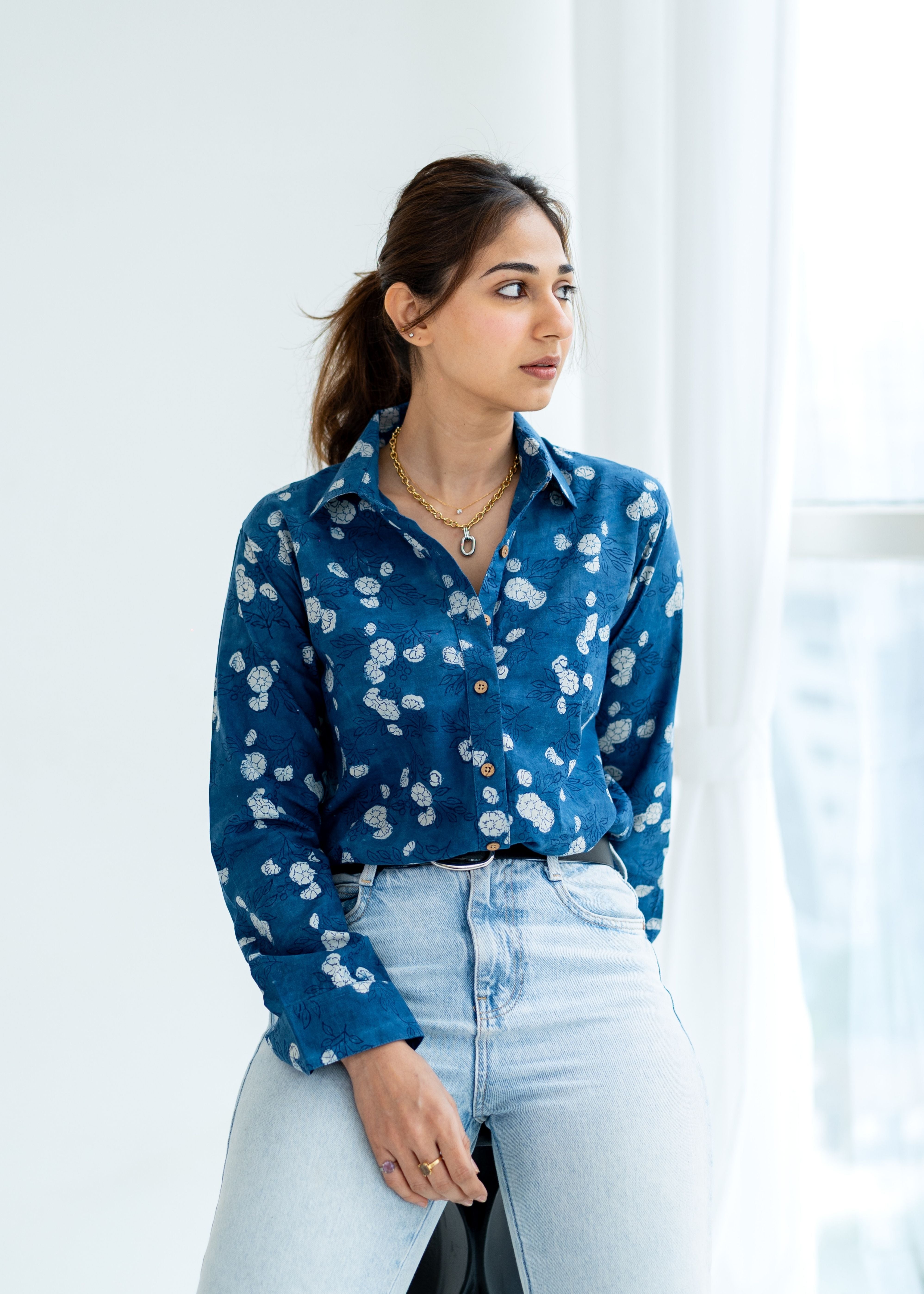 Navy Blue Block Print Cotton Shirt
