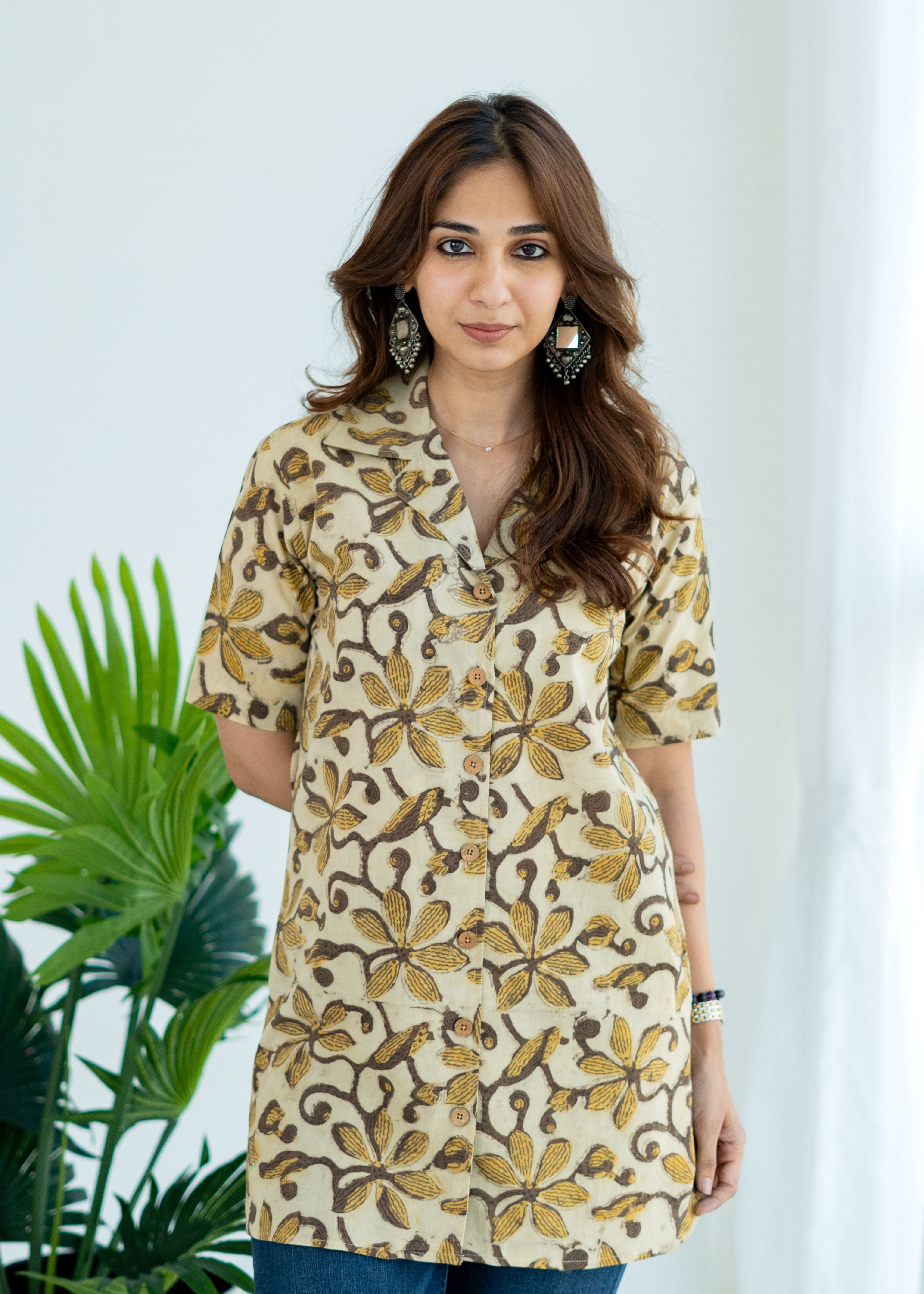 Mustard Bagru Floral Handblock Cotton Shirt Kurti