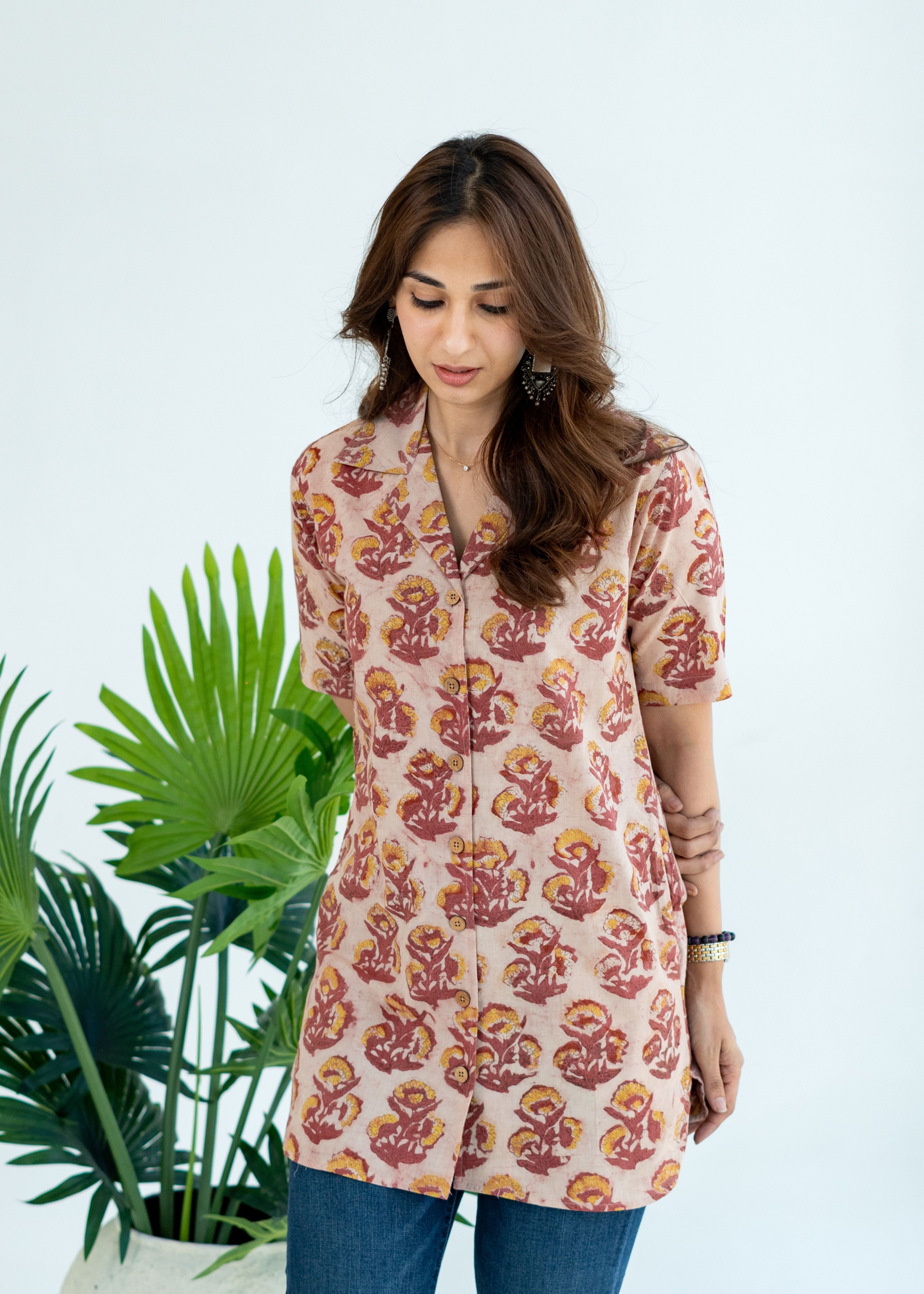 Maroon Bagru Floral Handblock Cotton Shirt Kurti