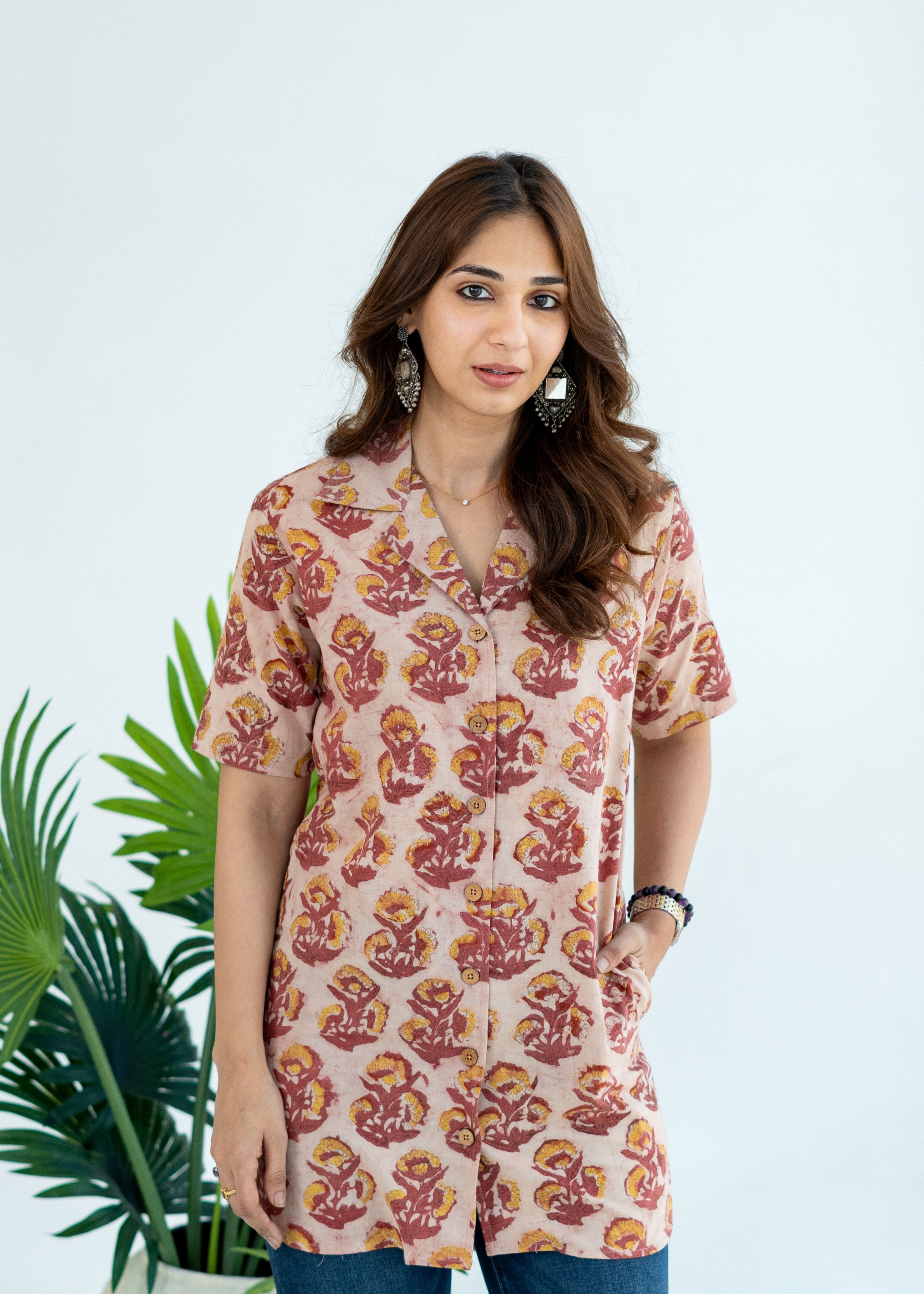 Maroon Bagru Floral Handblock Cotton Shirt Kurti