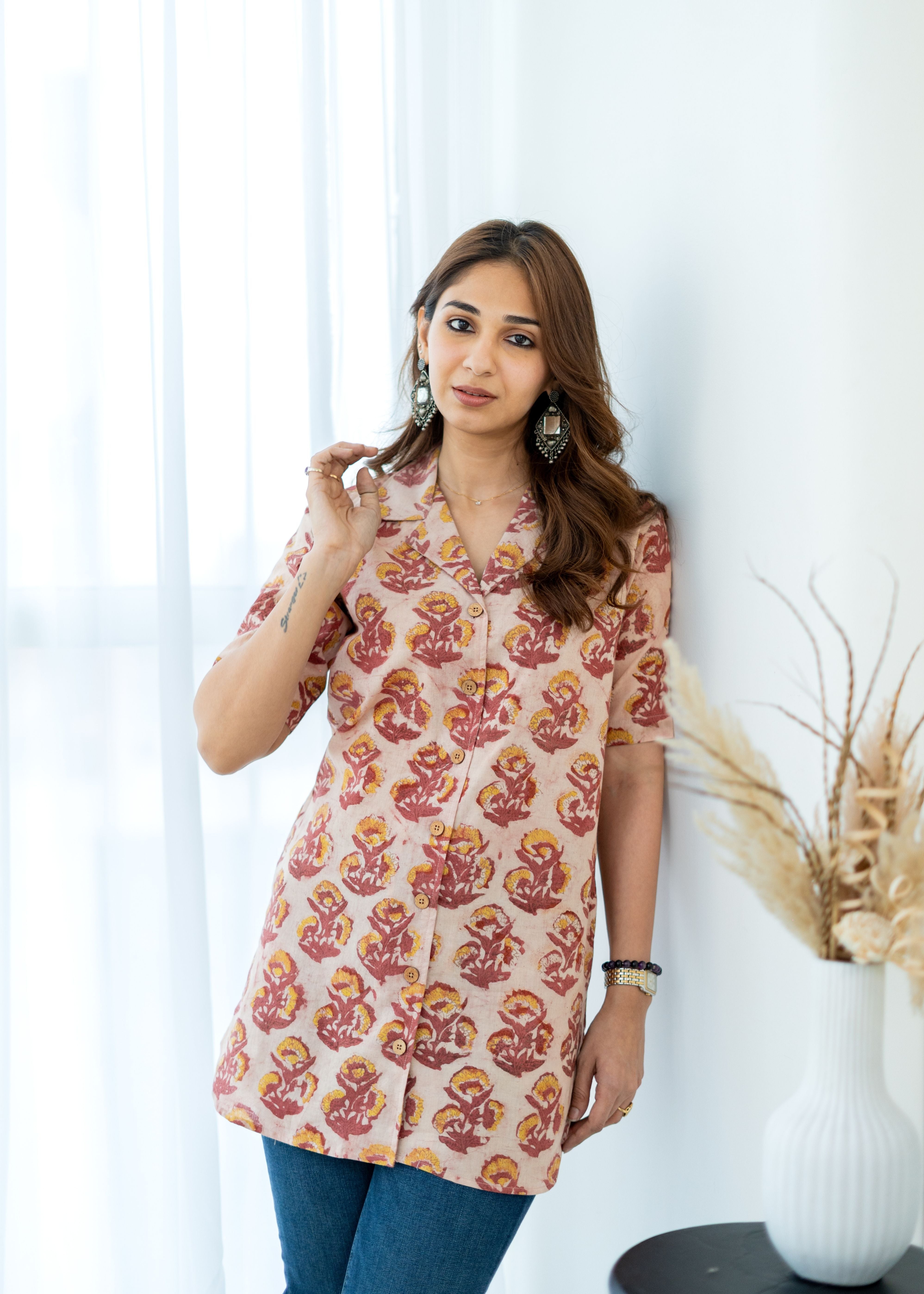 Maroon Bagru Floral Handblock Cotton Shirt Kurti