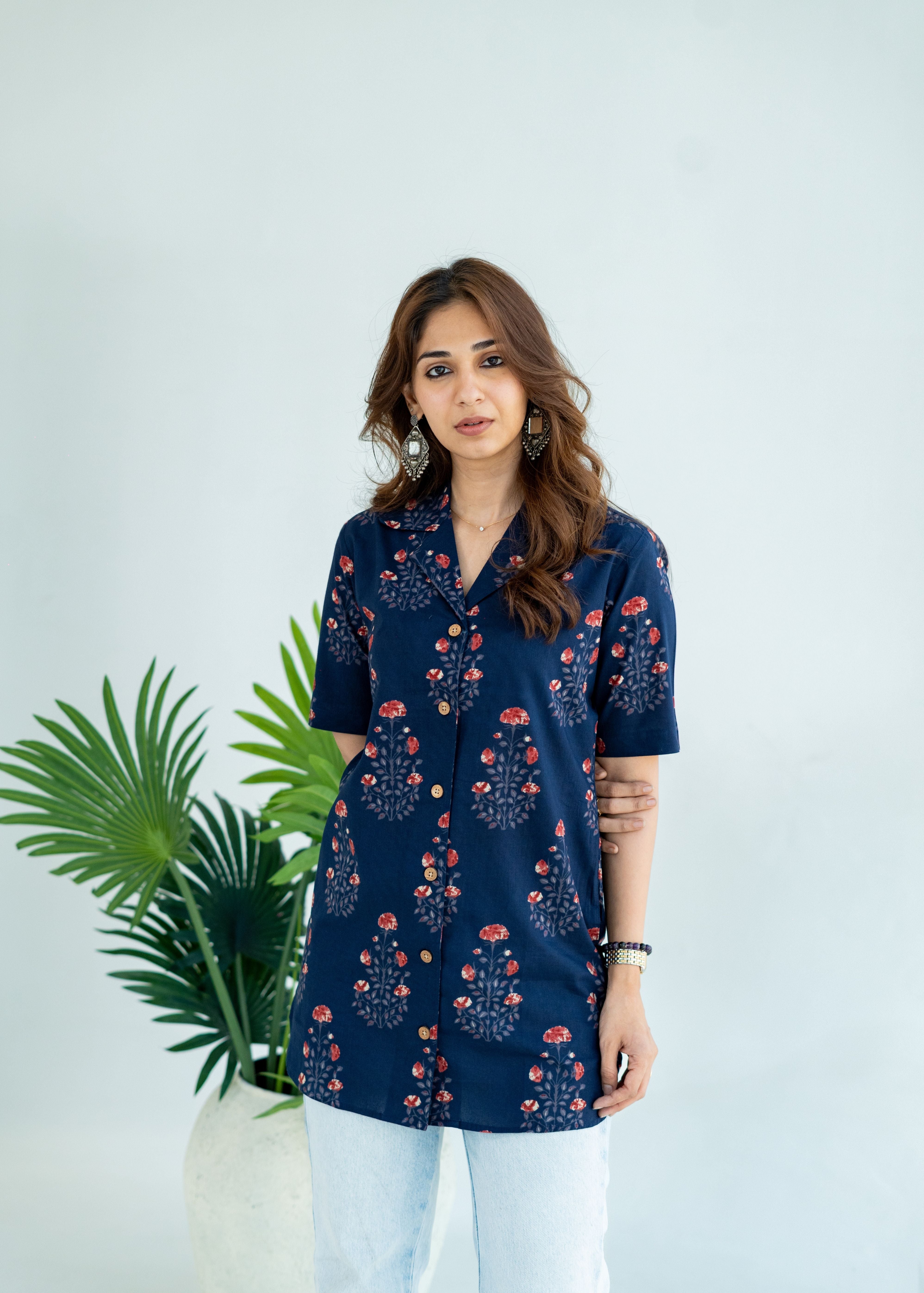 Blue Sanganeri Floral Cotton Printed Shirt Kurti