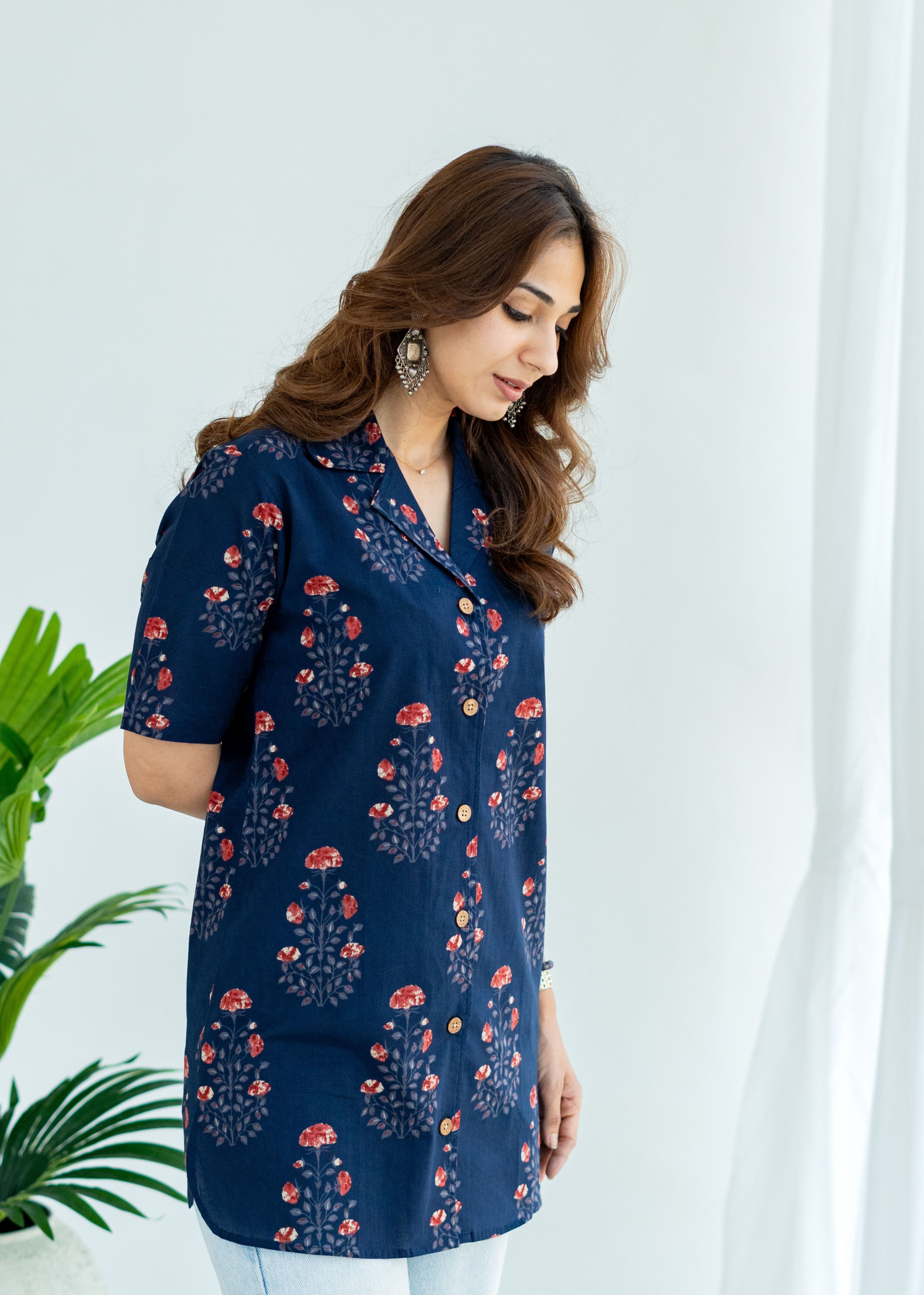 Blue Sanganeri Floral Cotton Printed Shirt Kurti