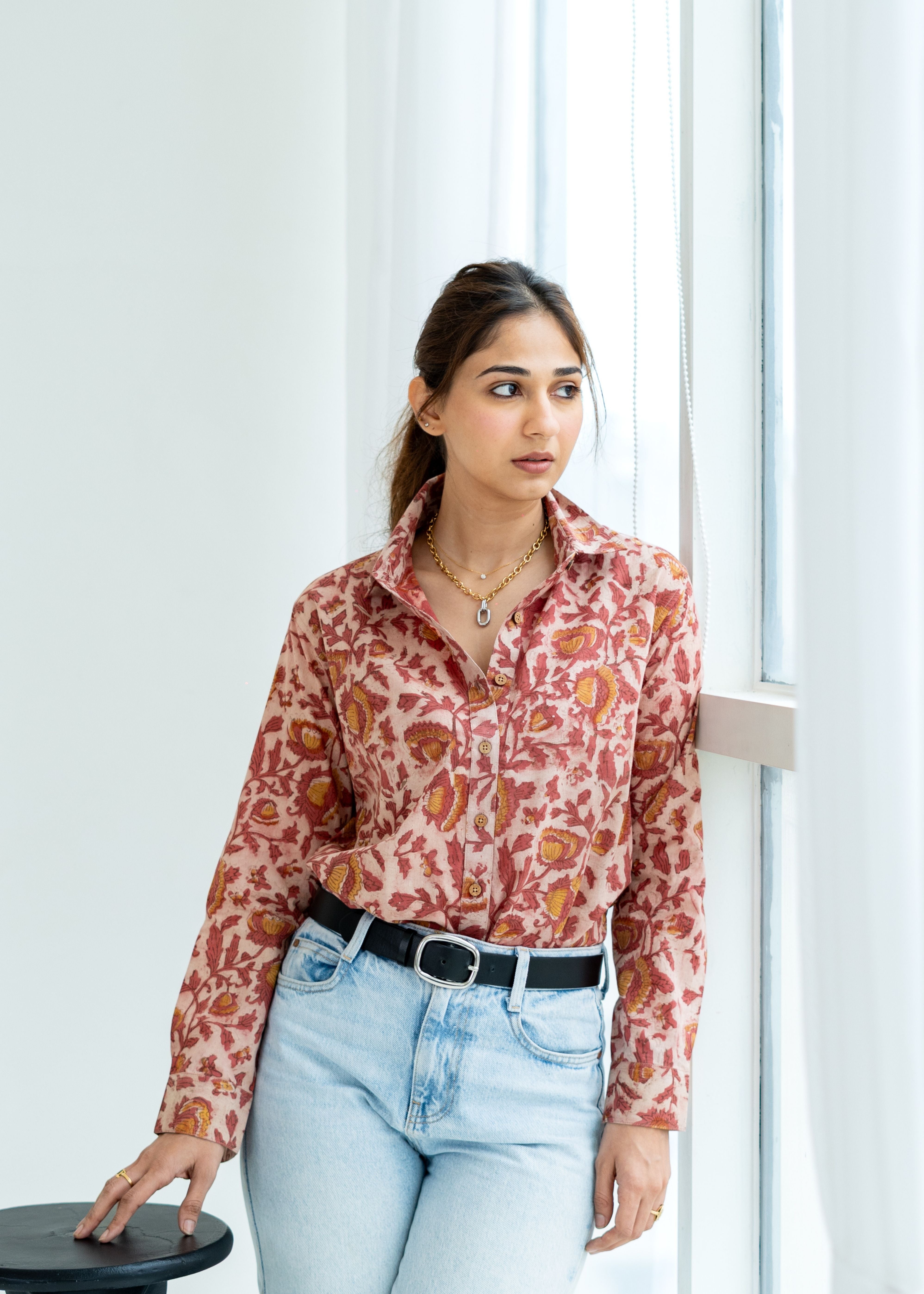 Bagru Mud Floral Block Print Cotton Shirt