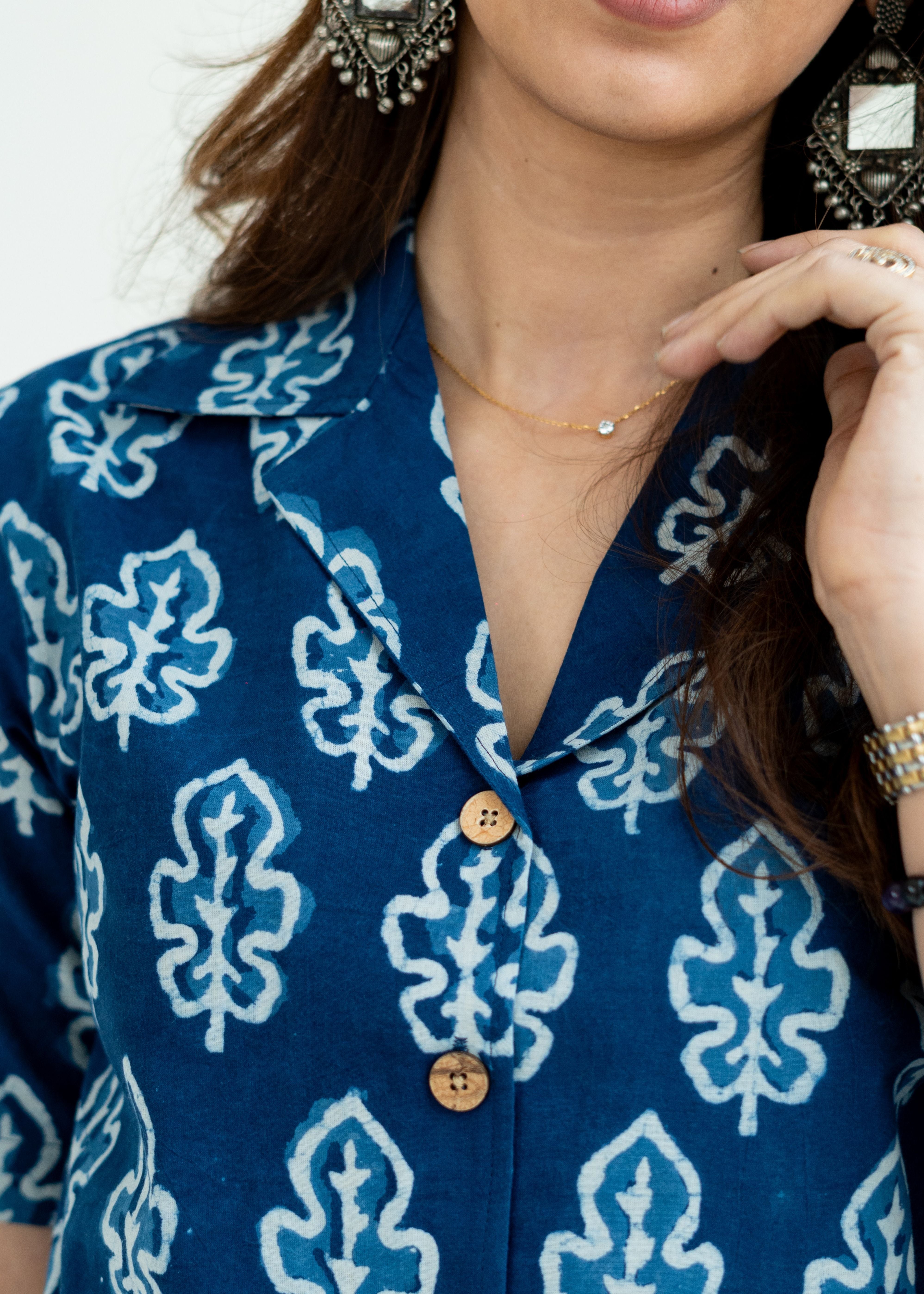 Navy Blue Leaf Handblock Cotton Shirt Kurti