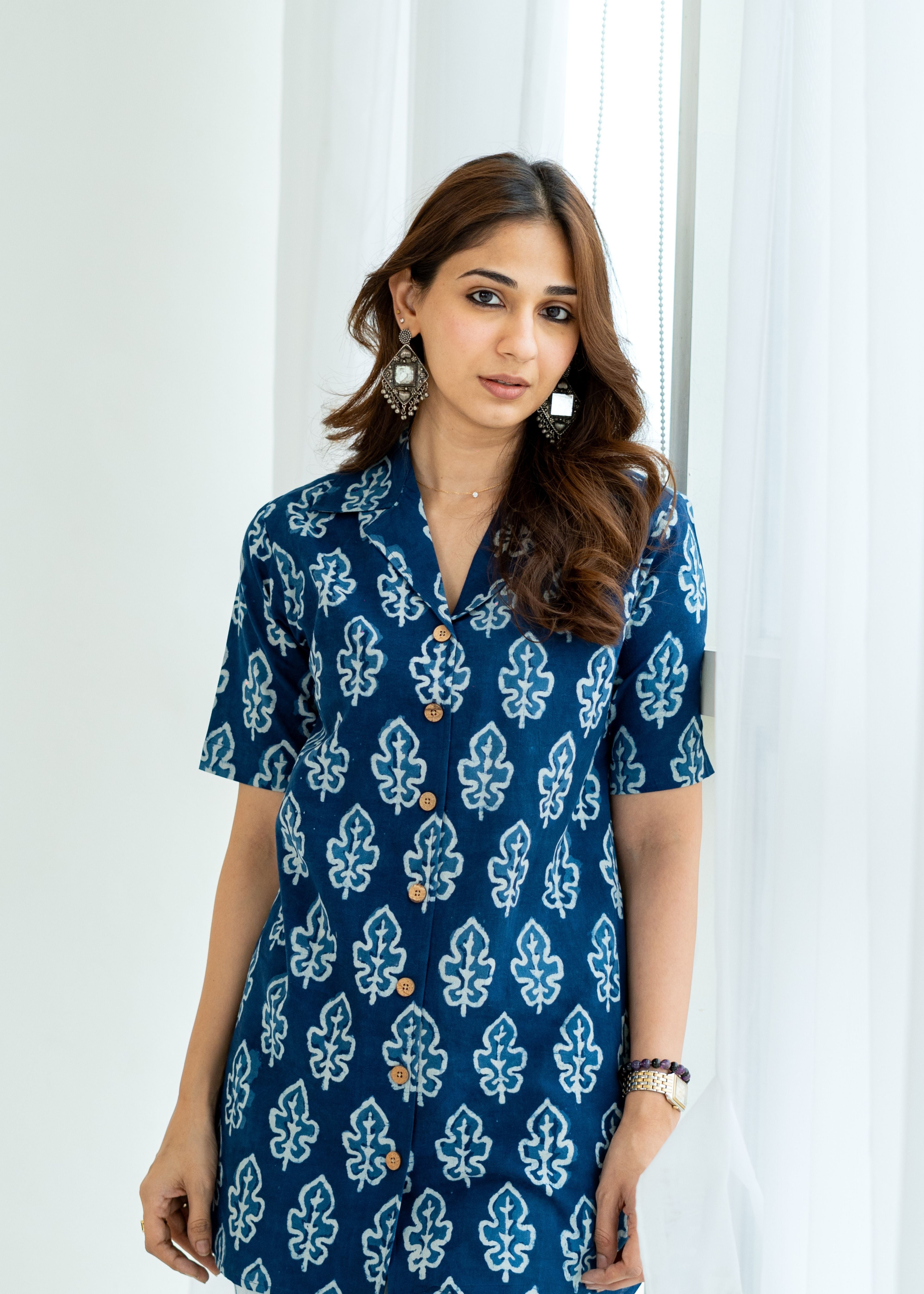 Navy Blue Leaf Handblock Cotton Shirt Kurti
