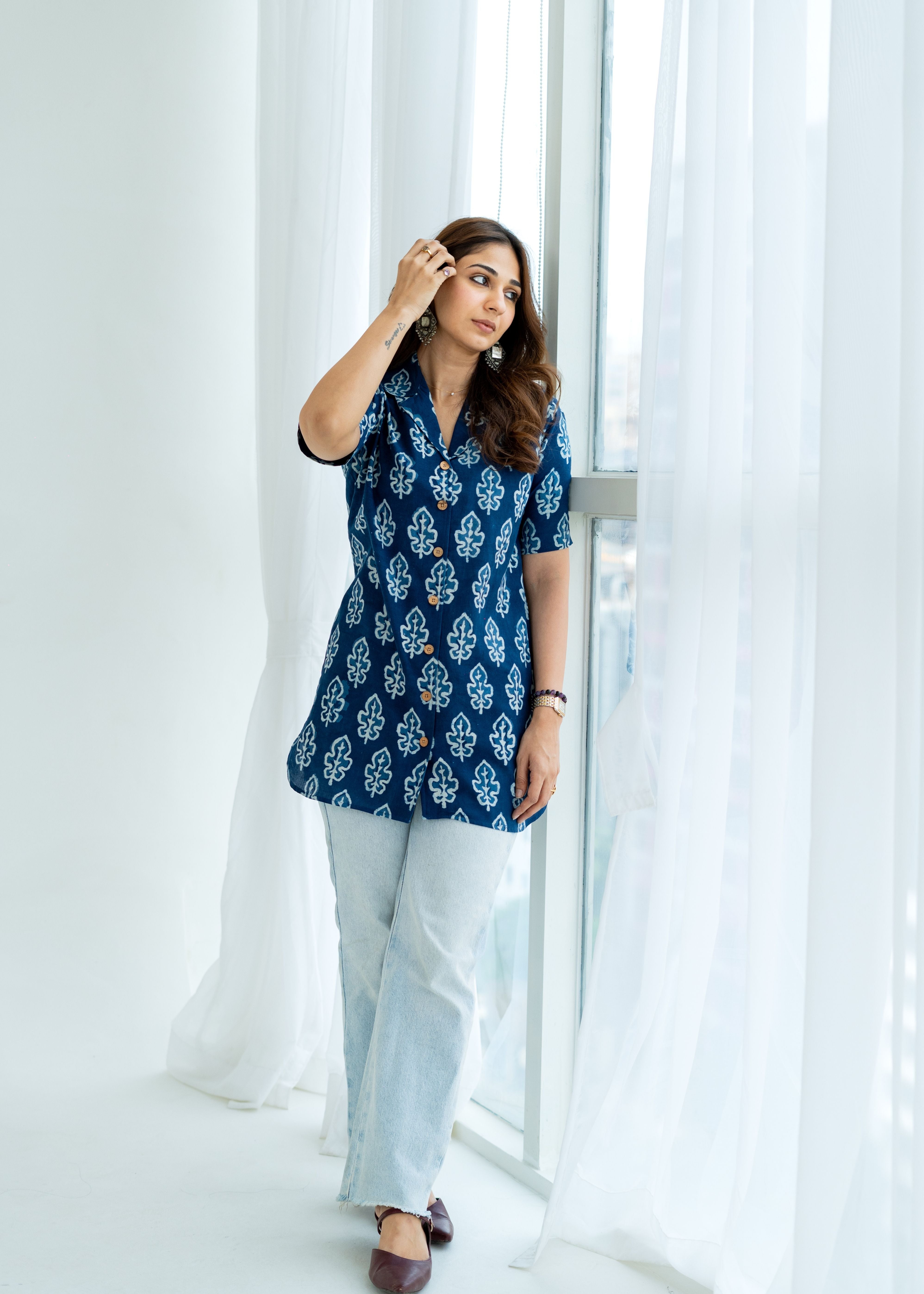 Navy Blue Leaf Handblock Cotton Shirt Kurti