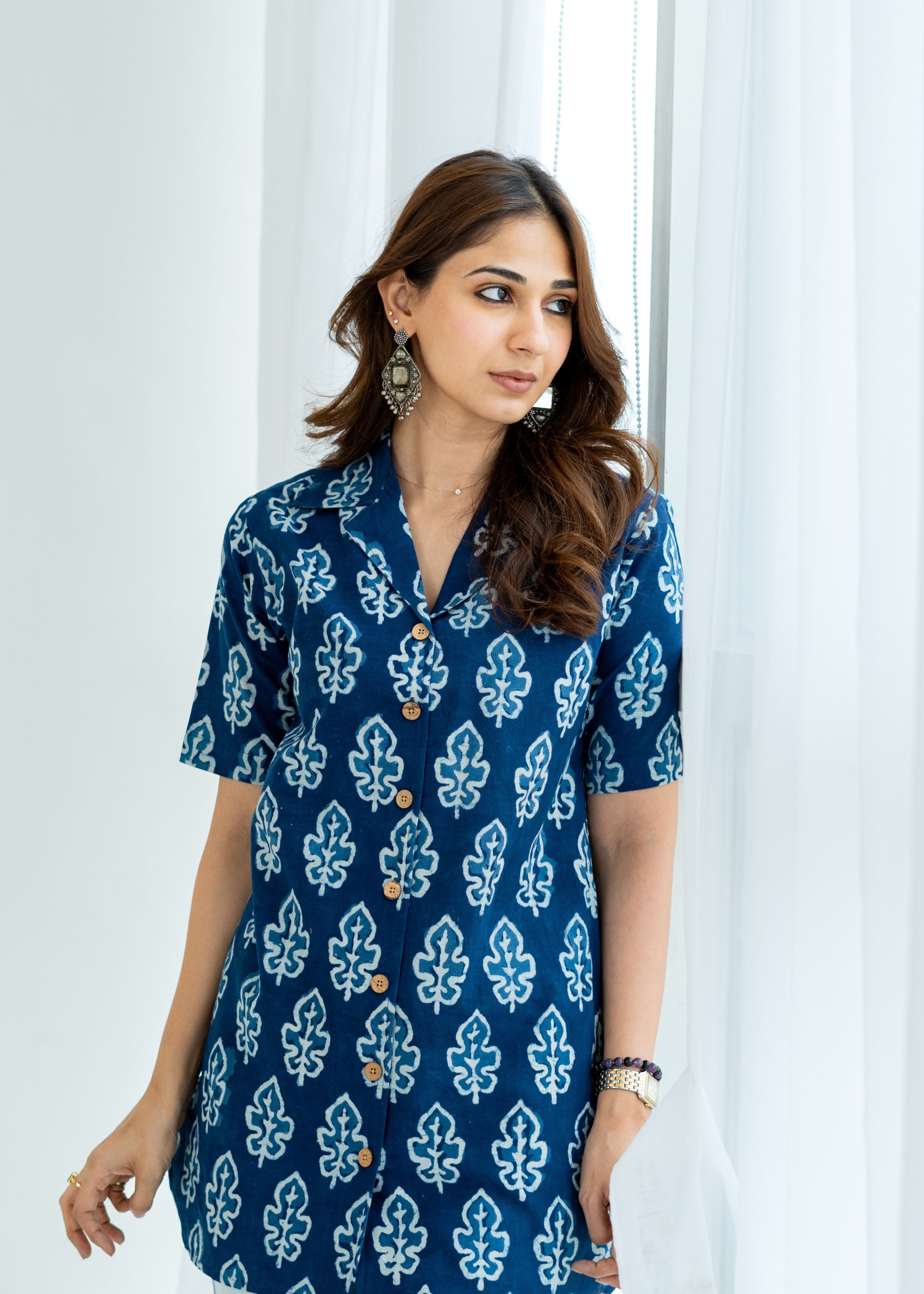 Navy Blue Leaf Handblock Cotton Shirt Kurti