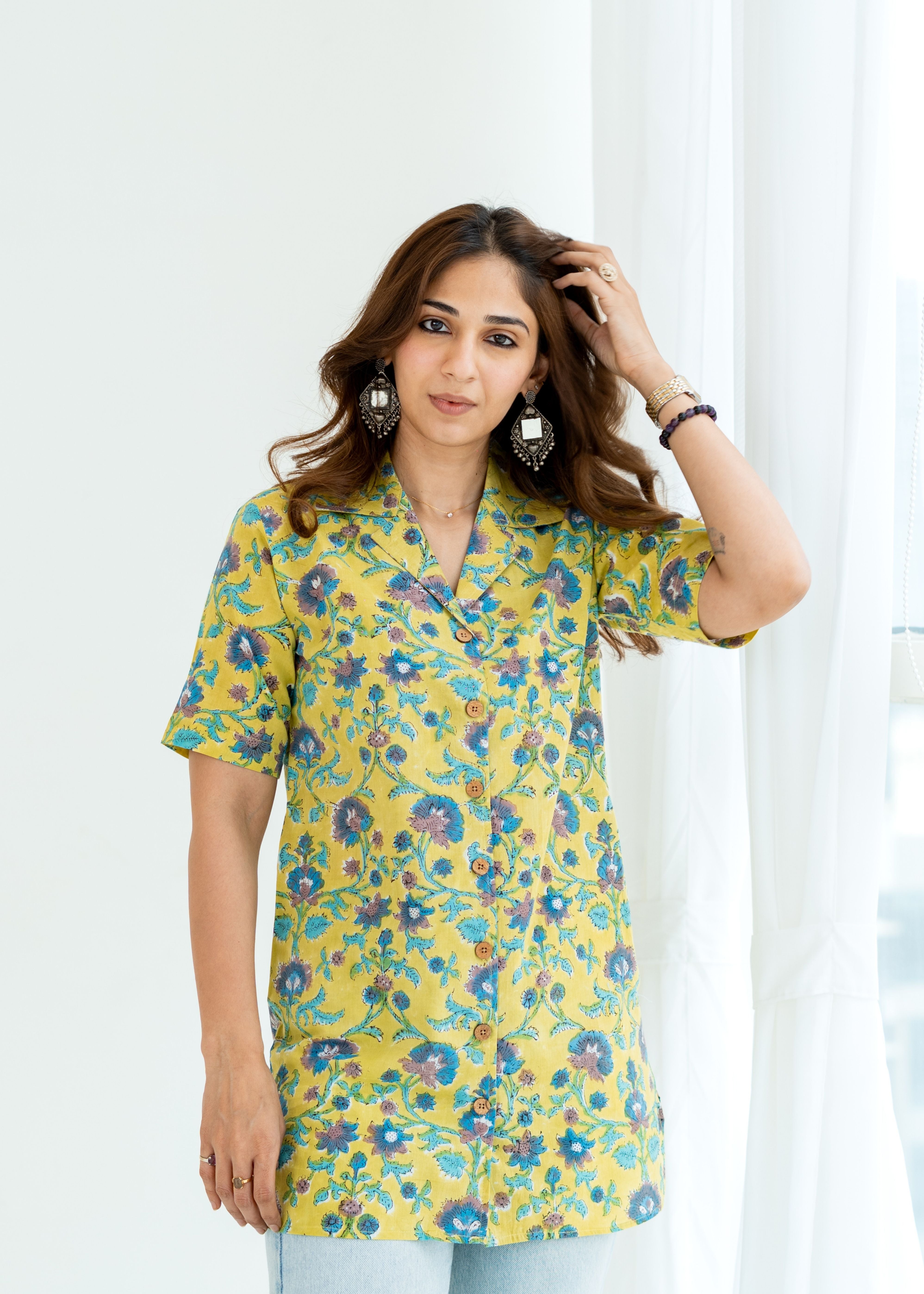 Lemon Sanganeri Floral Handblock Cotton Shirt Kurti