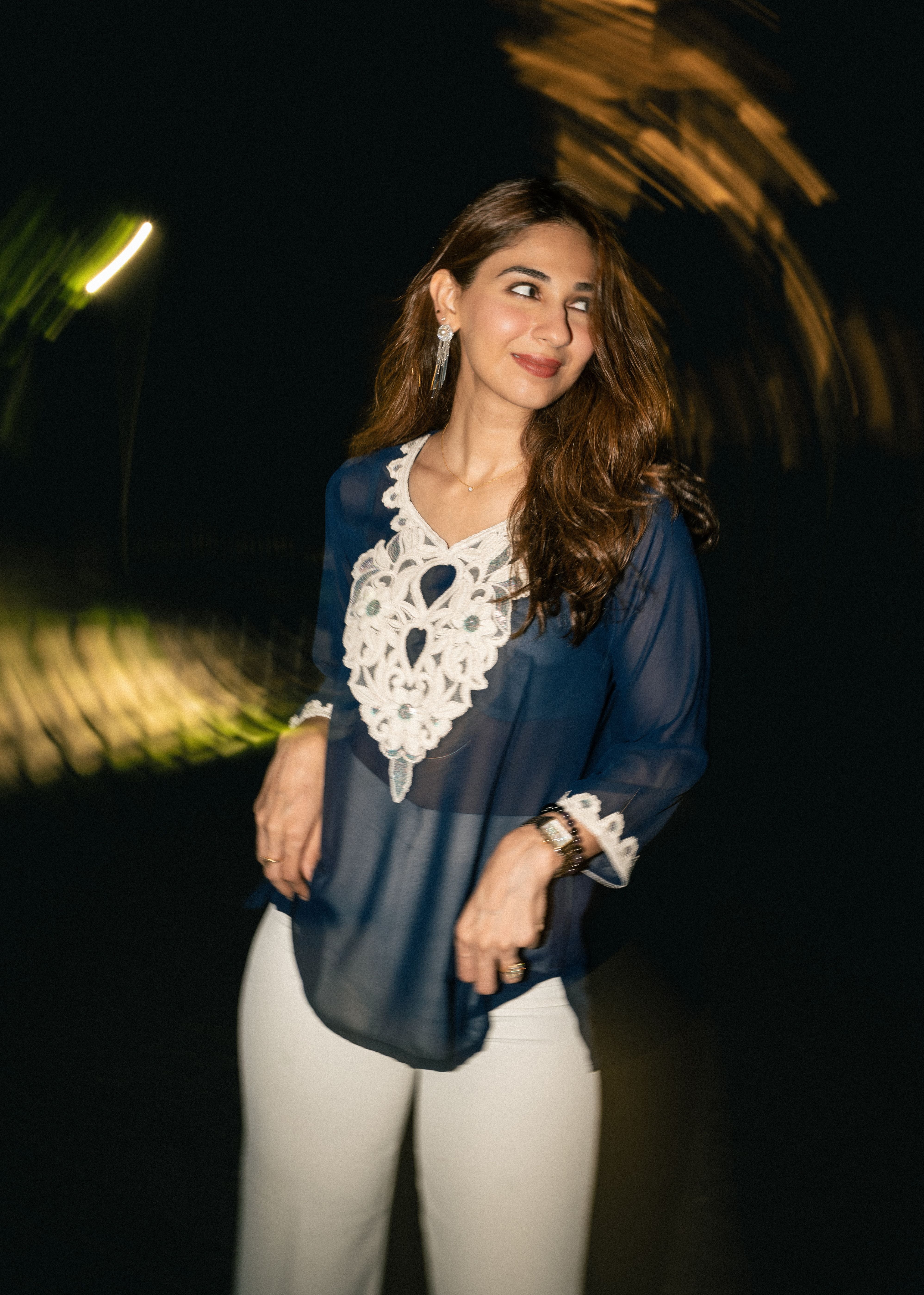 Navy Blue White Aaina Embrodery Kurti