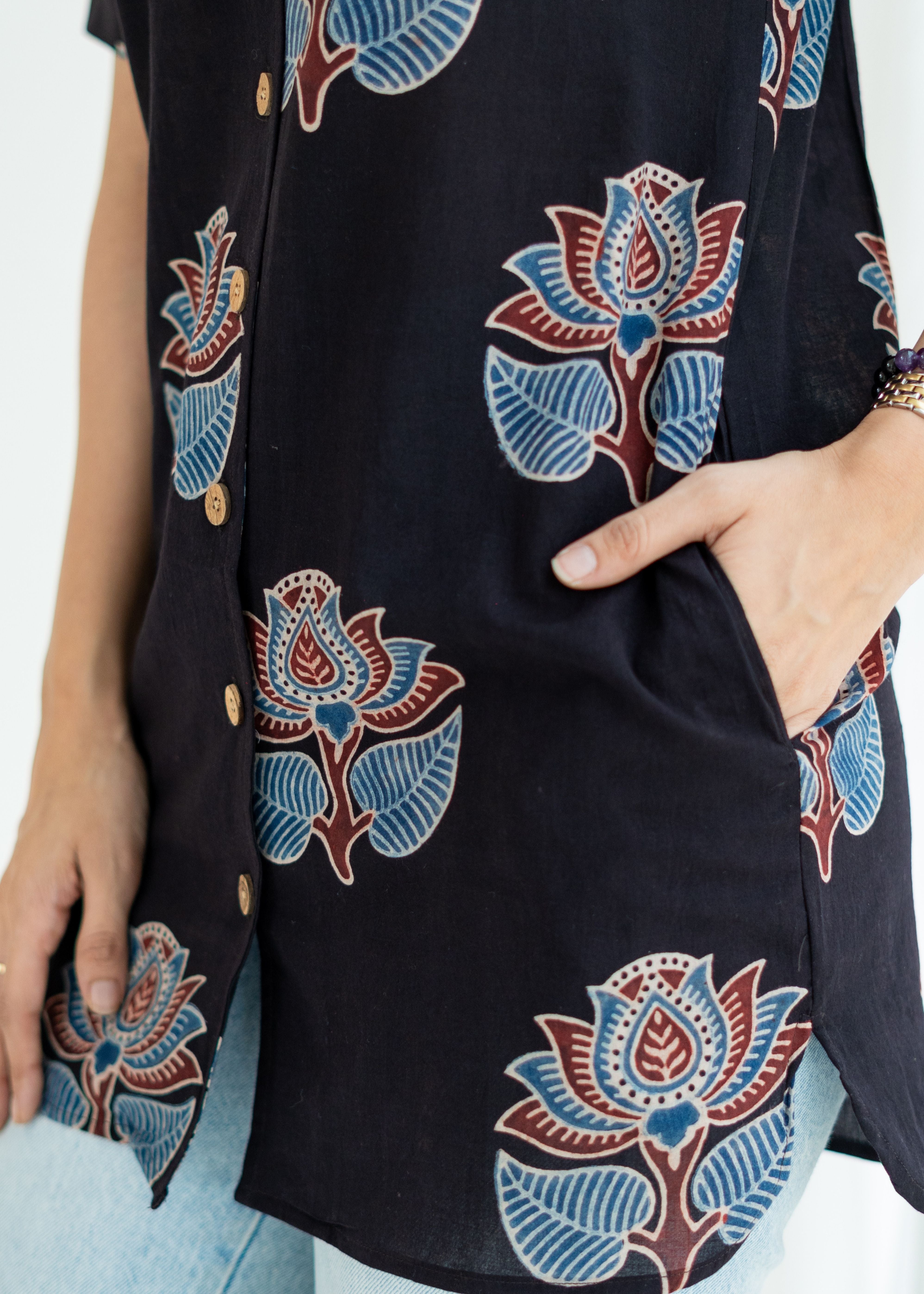 Ajrakh Black Floral Handblock Cotton Shirt Kurti