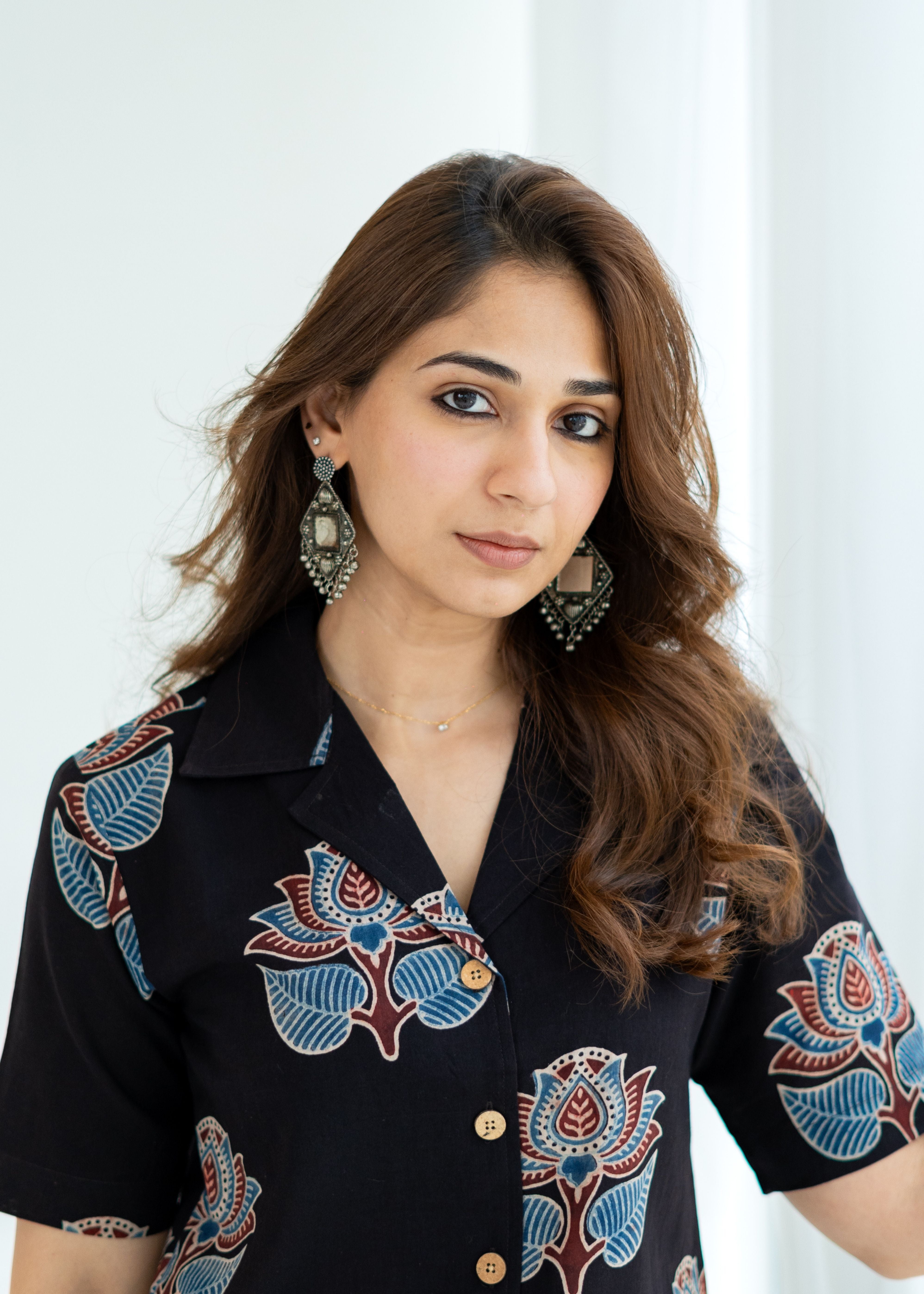 Ajrakh Black Floral Handblock Cotton Shirt Kurti