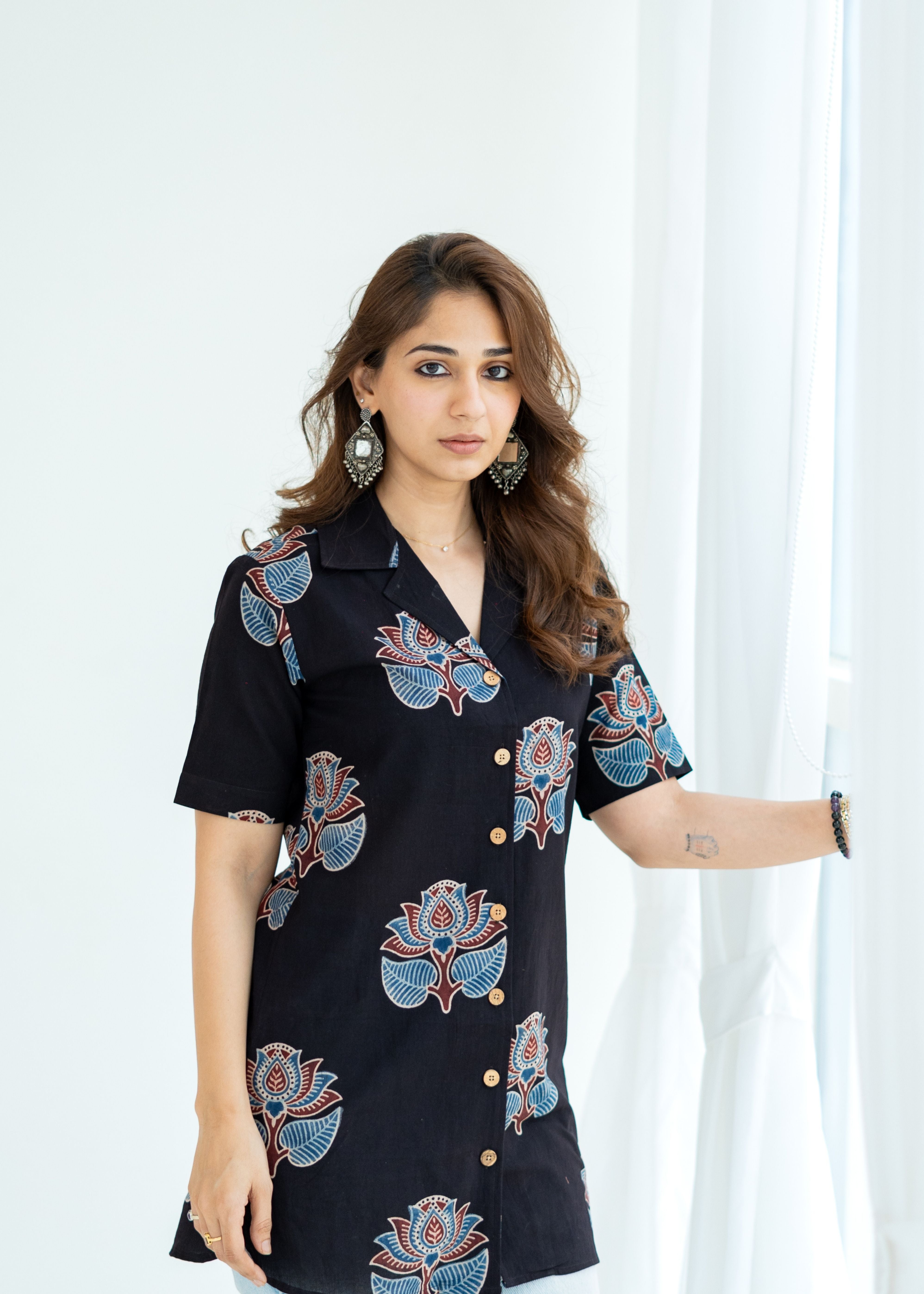 Ajrakh Black Floral Handblock Cotton Shirt Kurti