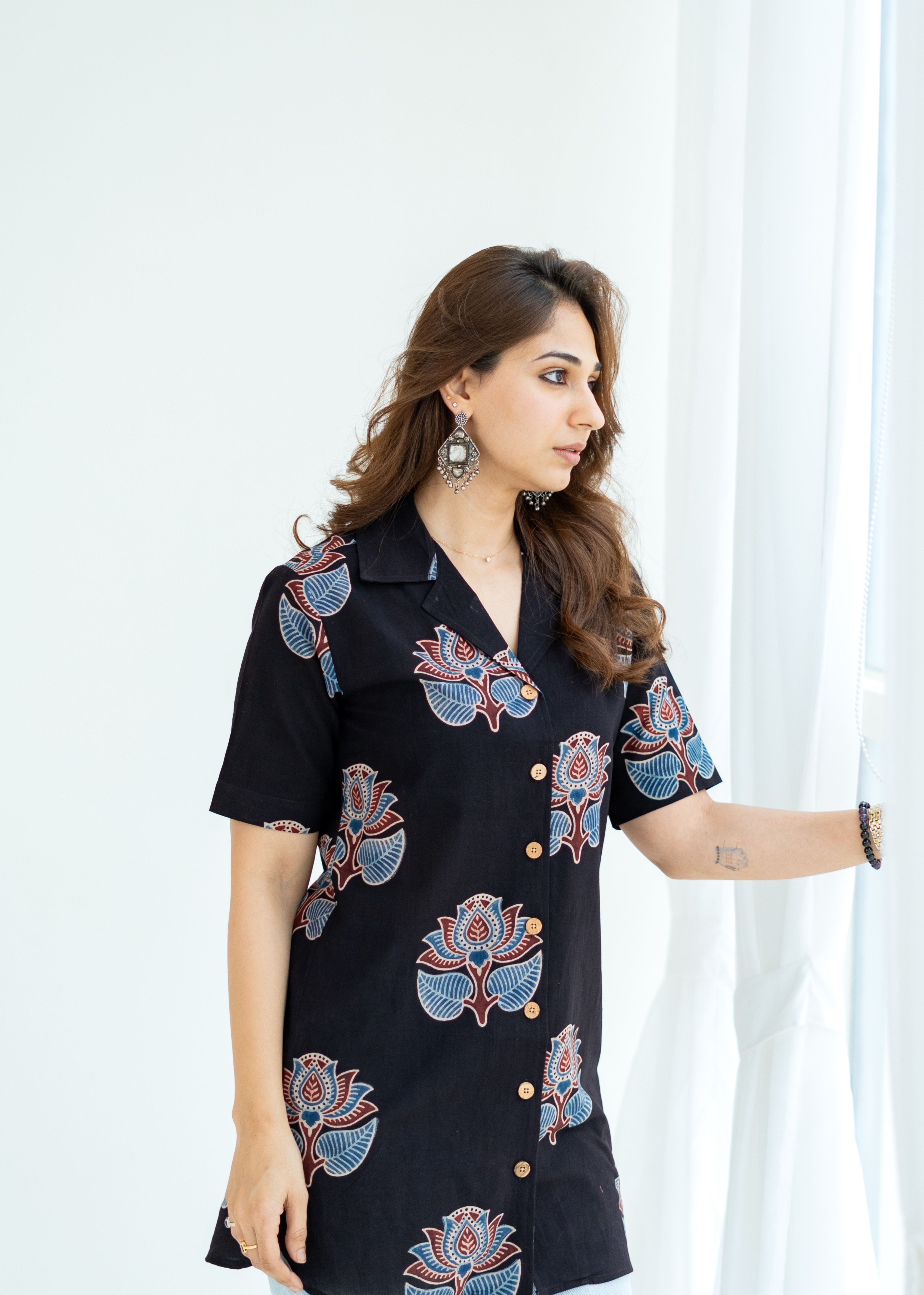 Ajrakh Black Floral Handblock Cotton Shirt Kurti