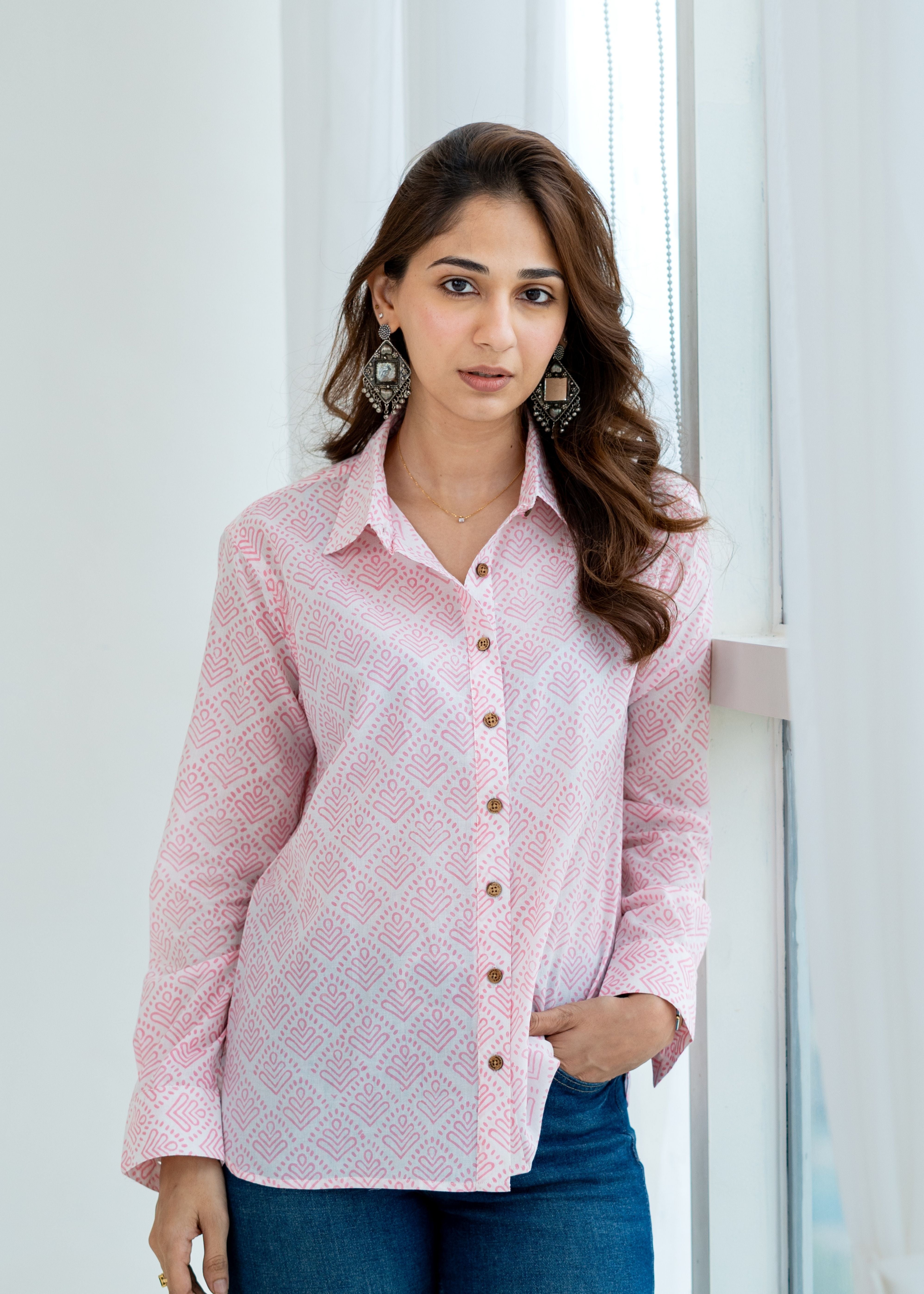 Pink Block Print Cotton Shirt