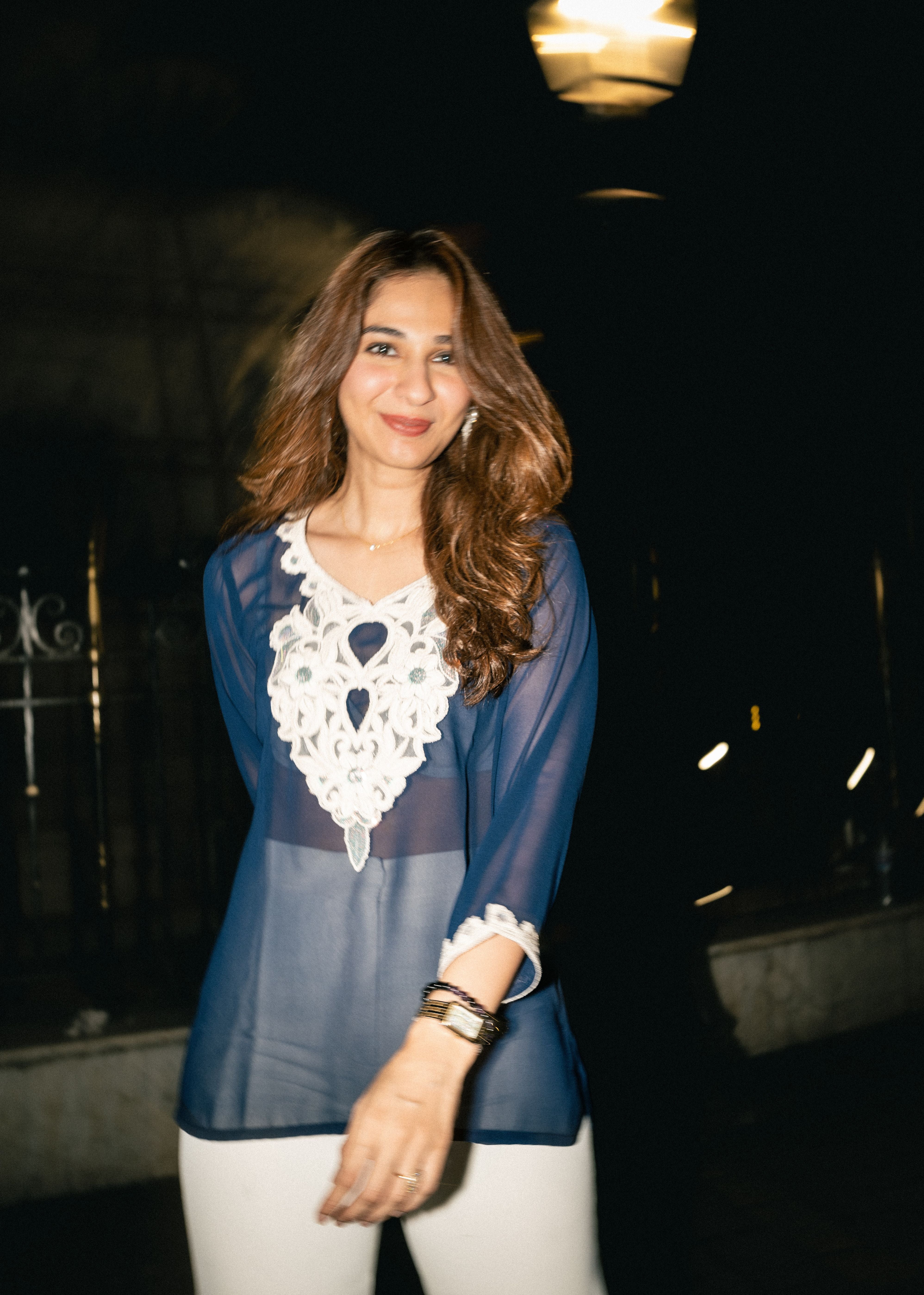 Navy Blue White Aaina Embrodery Kurti