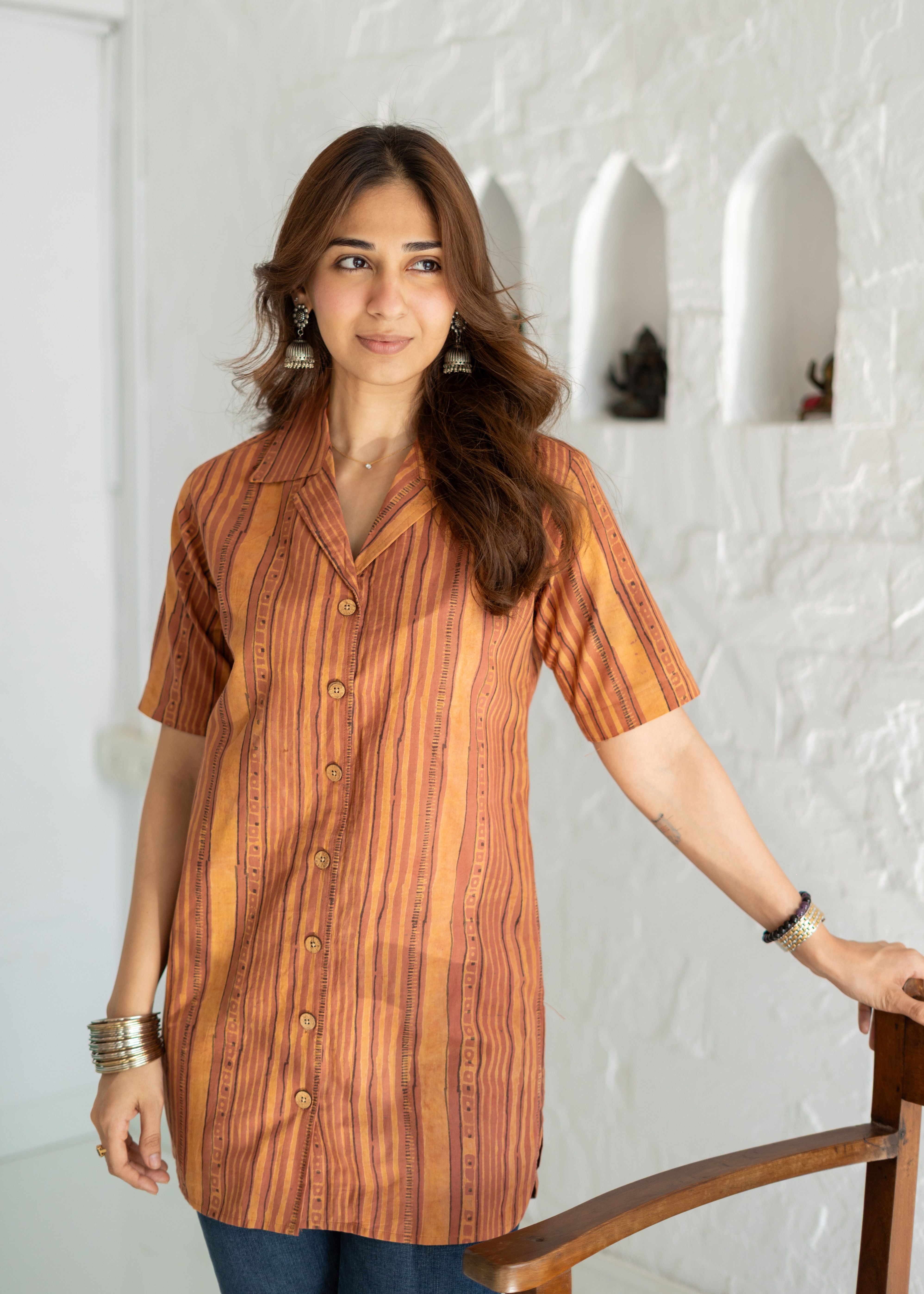 Orange Stripe Handblock Cotton Shirt Kurti