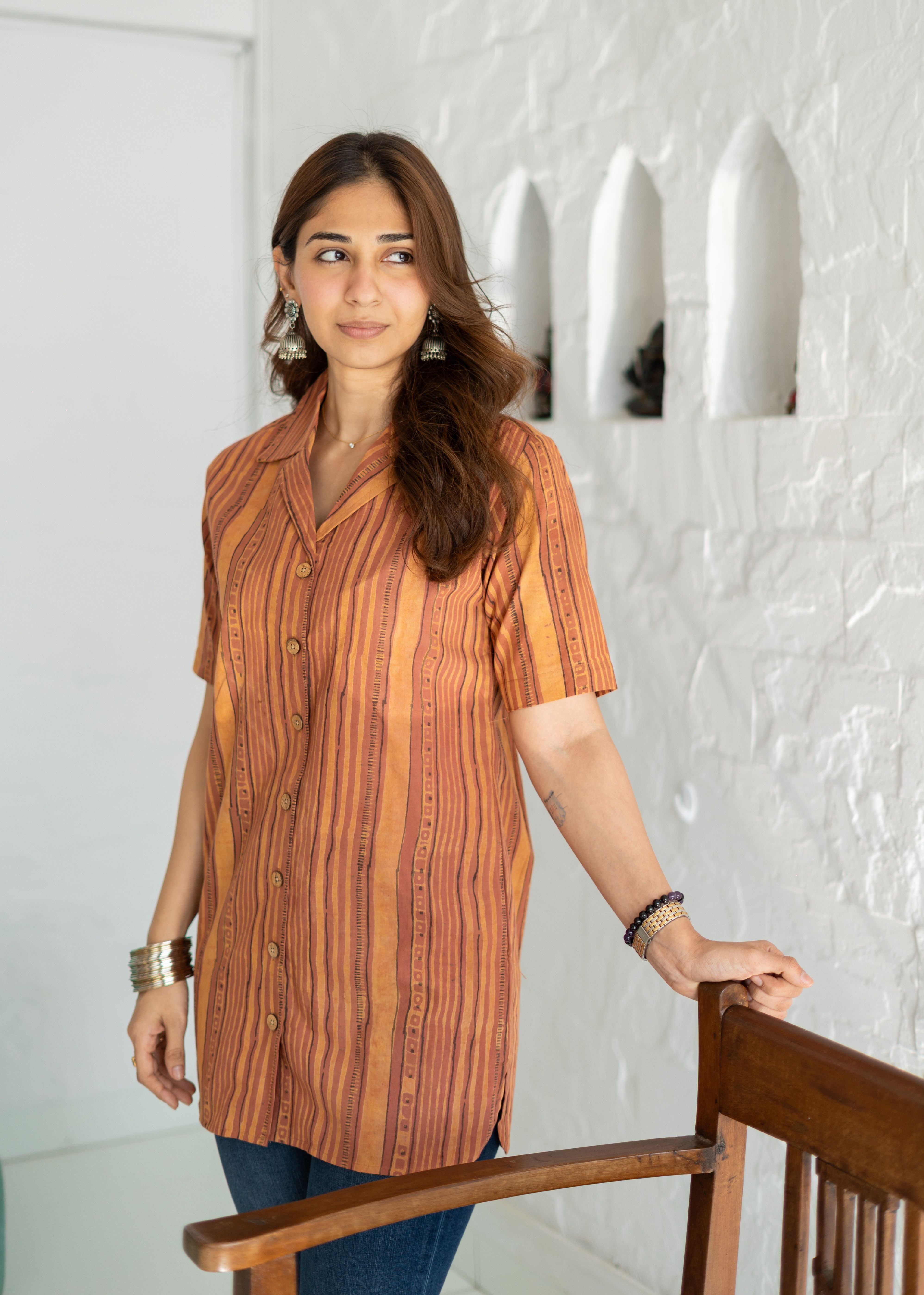 Orange Stripe Handblock Cotton Shirt Kurti