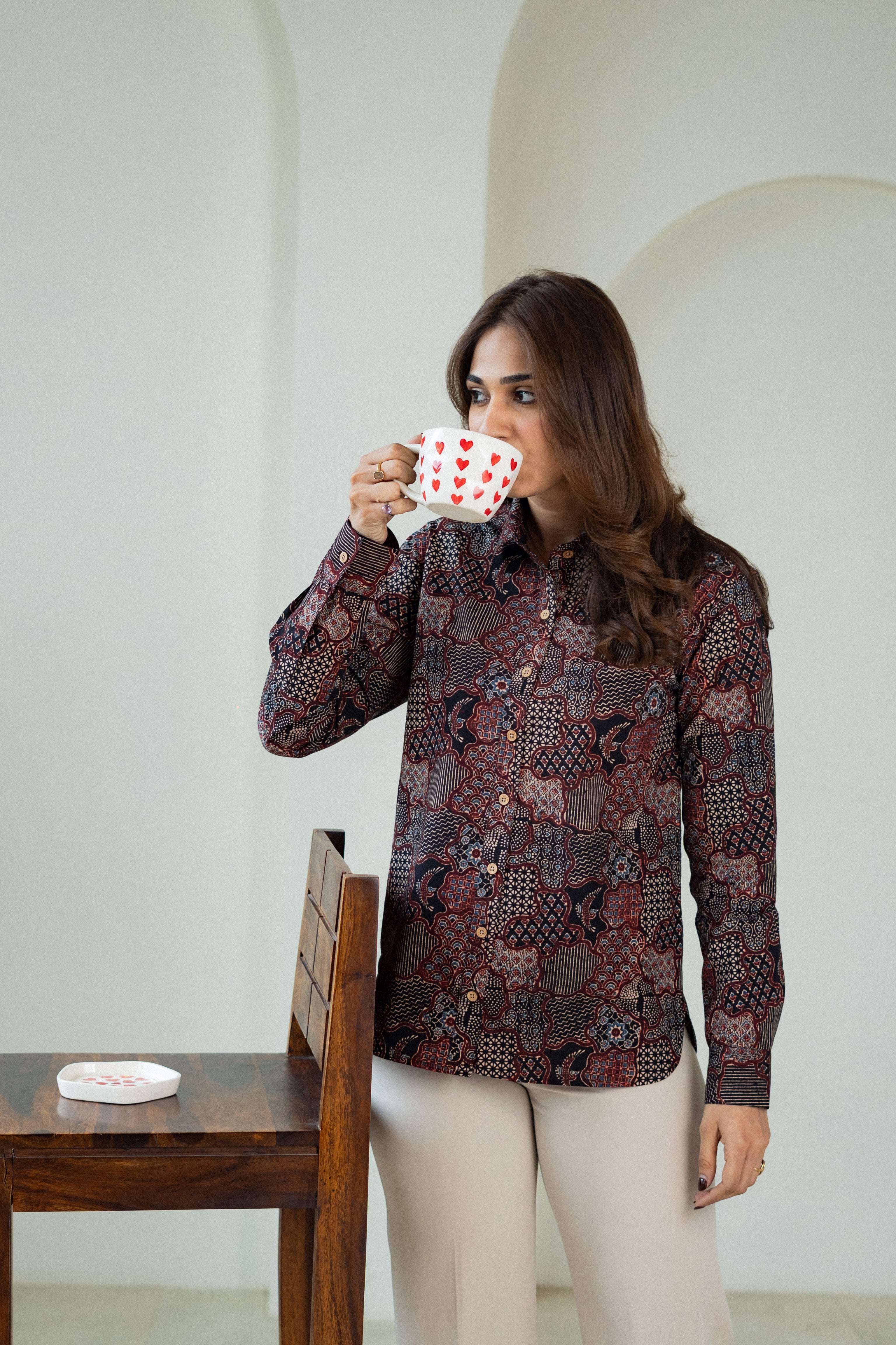 Ajrakh Maroon Handblock Cotton Shirt