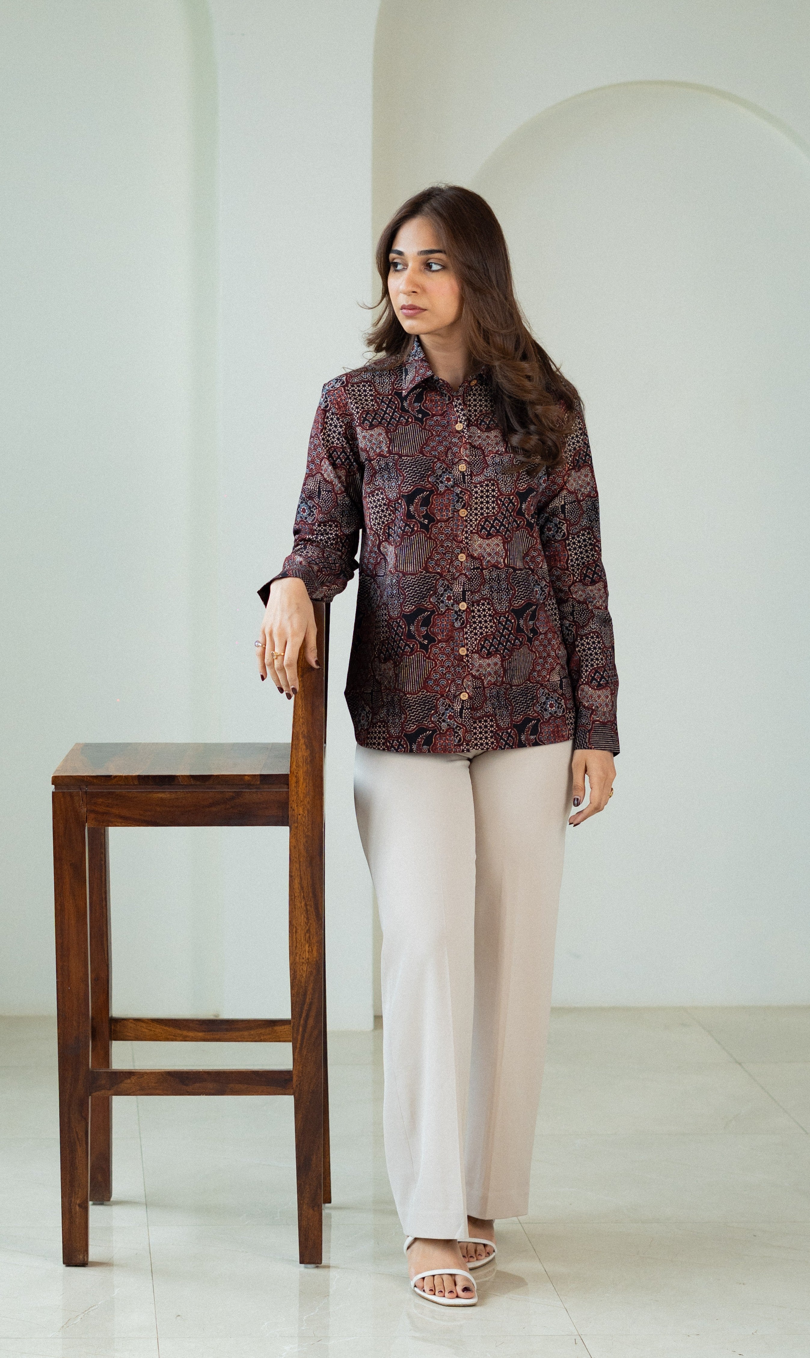 Ajrakh Maroon Handblock Cotton Shirt