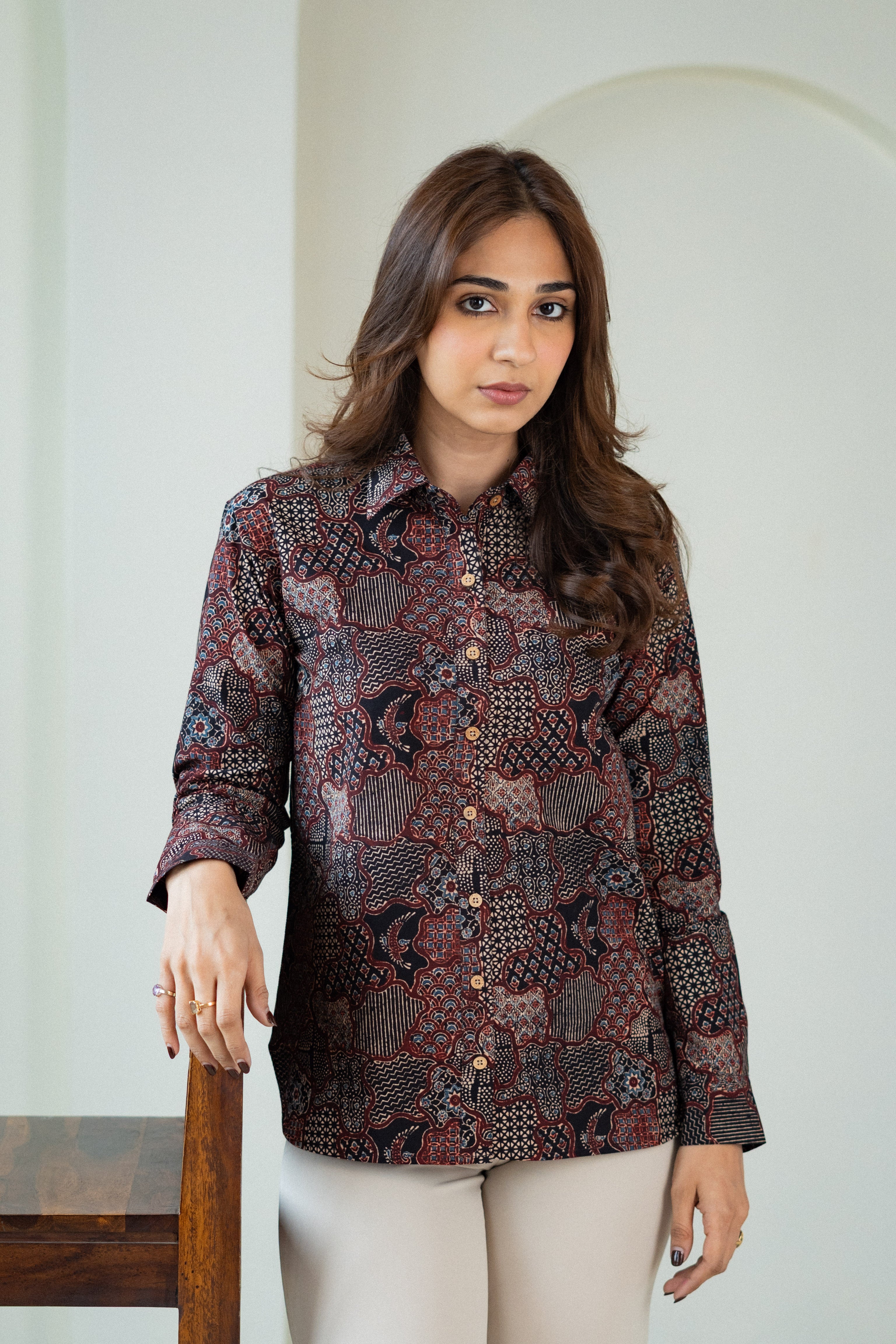 Ajrakh Maroon Handblock Cotton Shirt