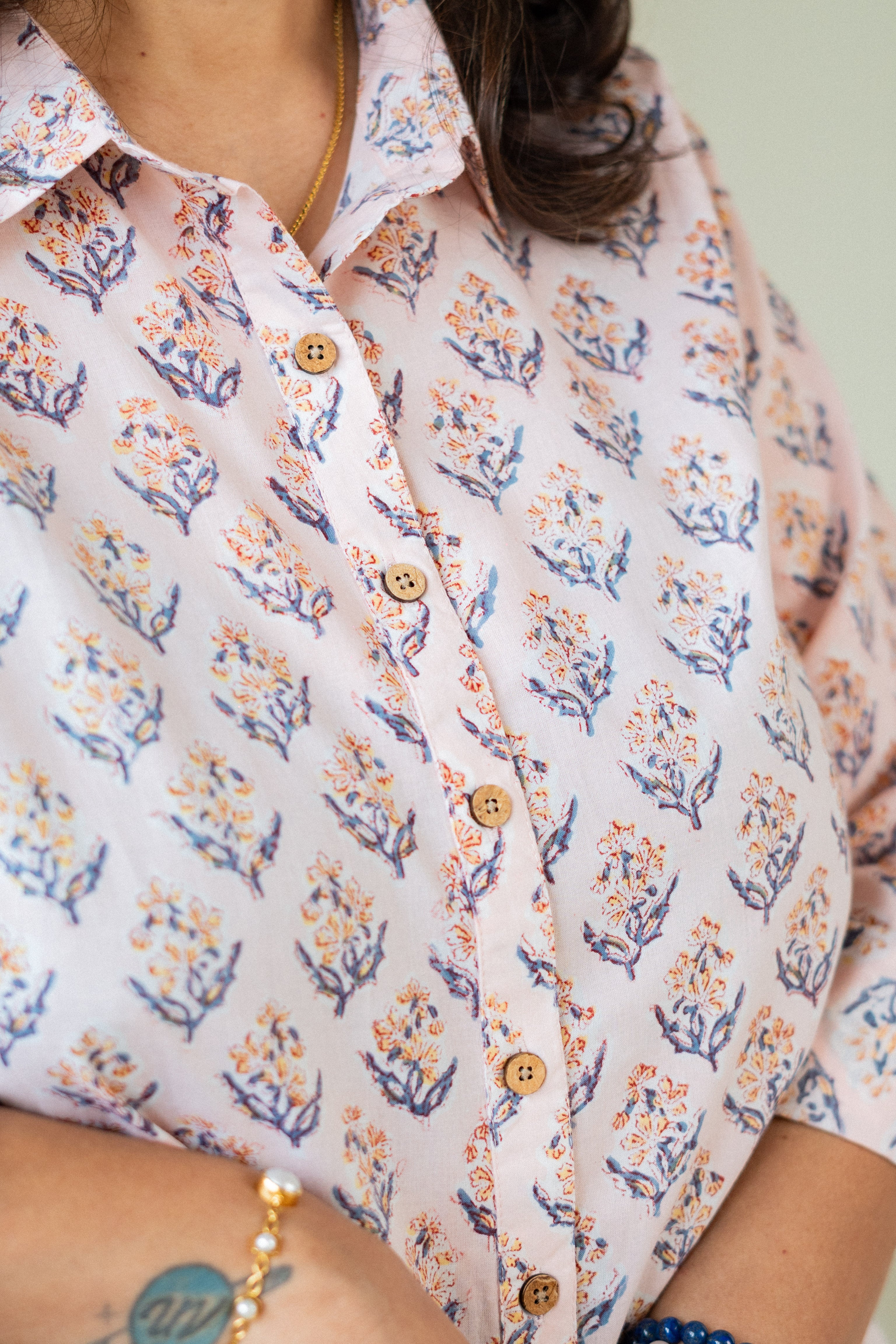 Peach Flower Handblock Cotton Shirt