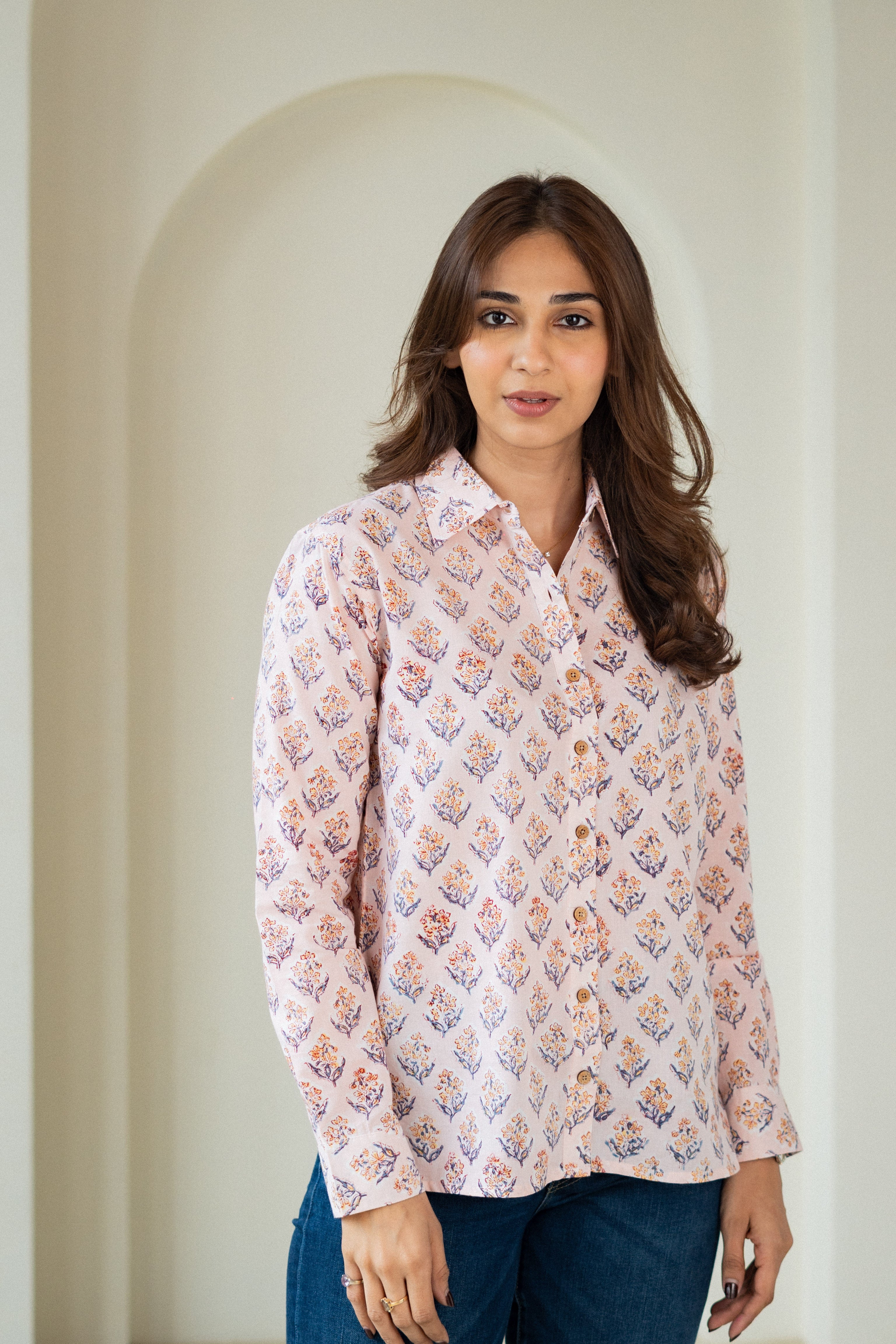 Peach Flower Handblock Cotton Shirt