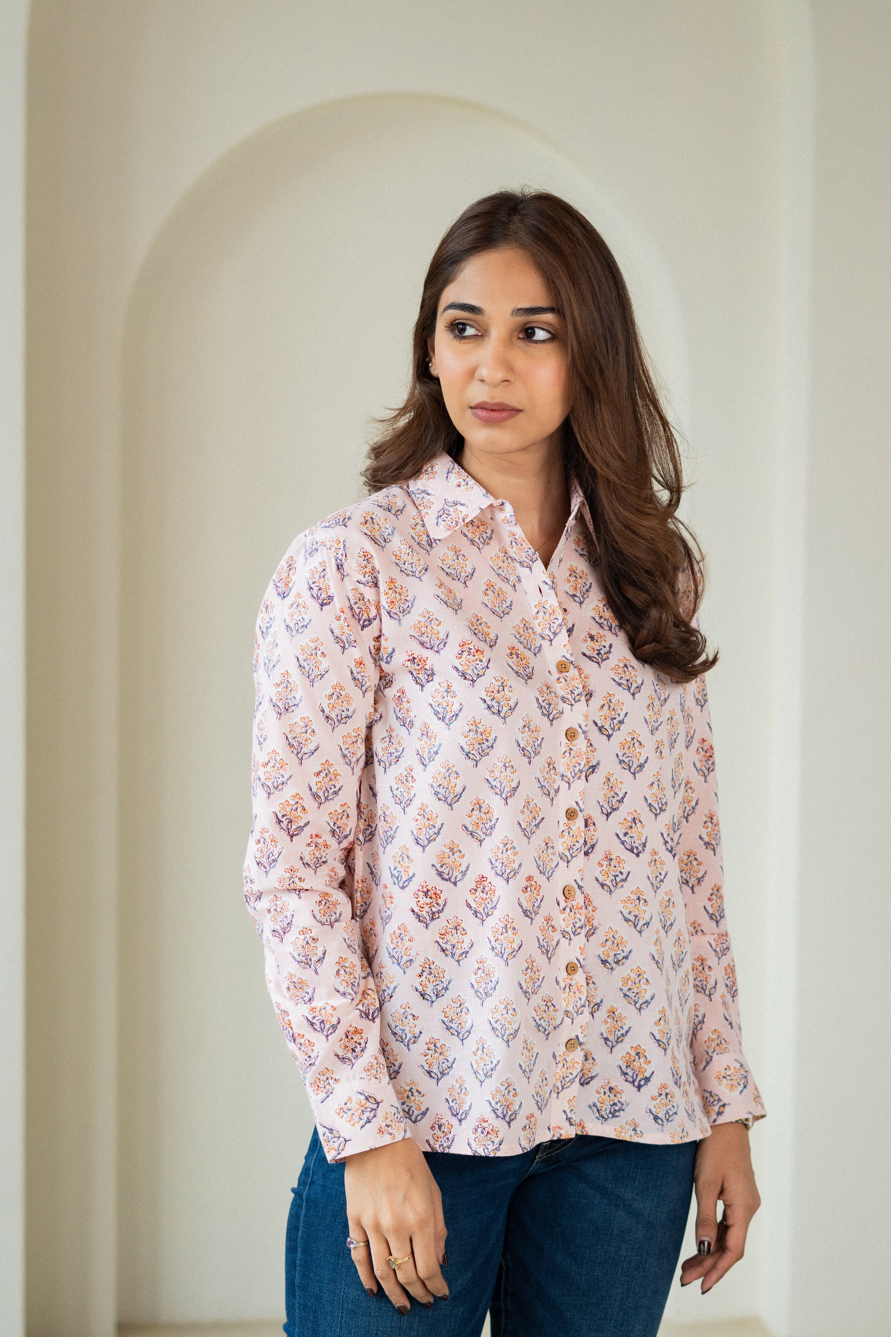 Peach Flower Handblock Cotton Shirt